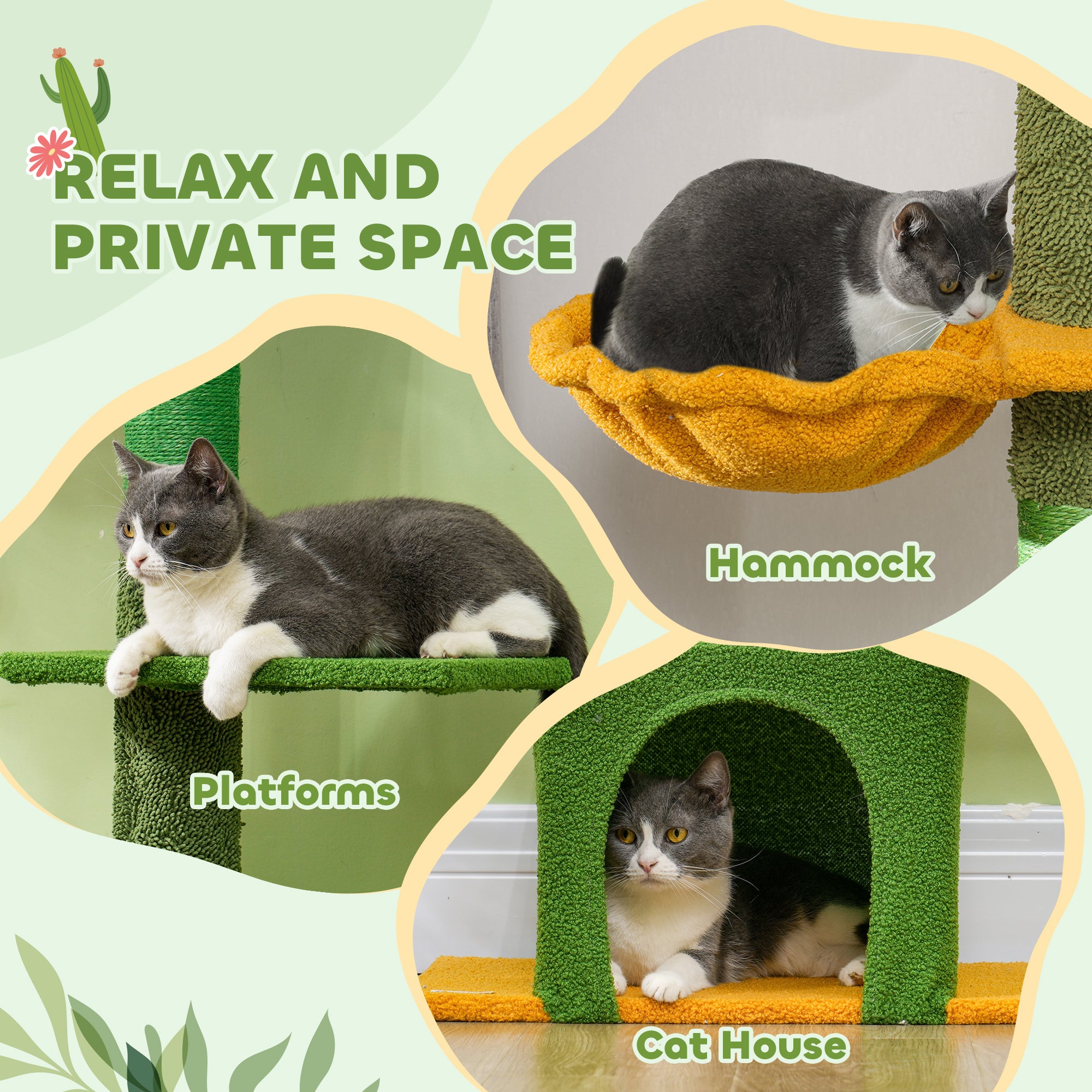 Floor to Ceiling Cat TreeTower with 90.5"-108" Adjustable Height, Scratching Posts, Hammock, Comdo, Toy Ball, Green