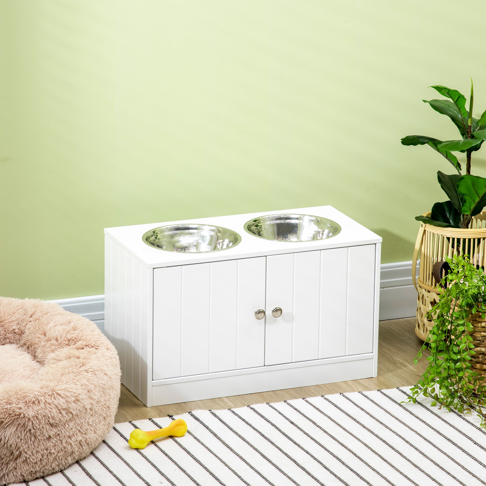 Gamelle surélevée pour grands chiens, station d’alimentation pour animaux avec support et rangement, 2 gamelles en acier inoxydable pour la nourriture et l’eau, blanche, 23.6" x 11.8" x 14"