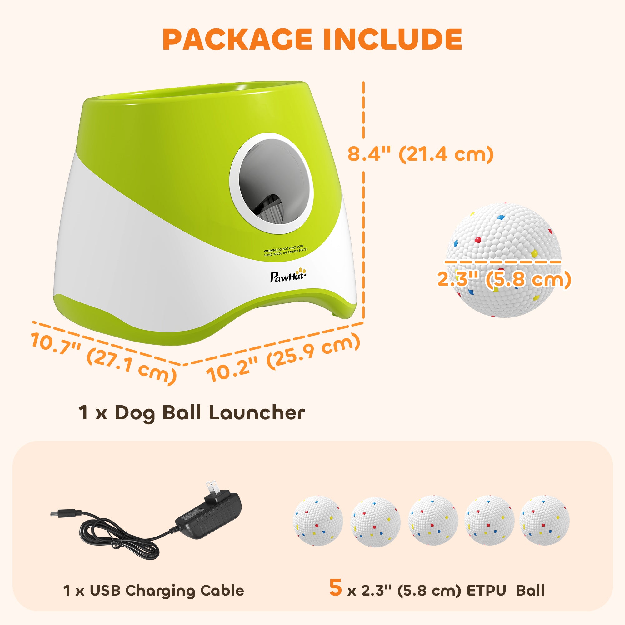 Automatic Dog Ball Launcher with 5 ETPU Balls 2.3", 3 Distance Settings 20ft, 33ft, 46ft, Green