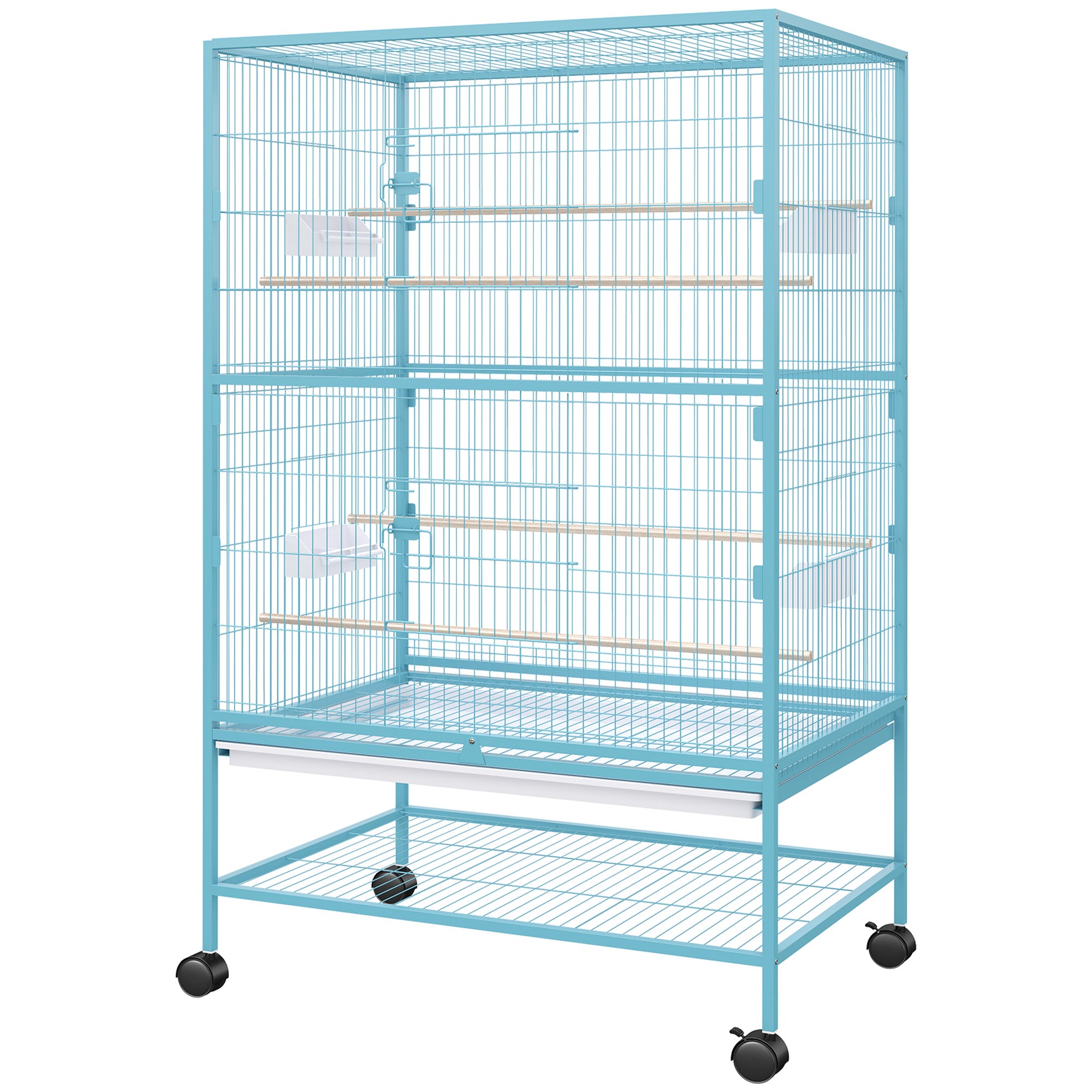 Cage à oiseaux en acier grand format de 52 pouces sur roulettes avec support roulant, étagère de rangement, perchoir en bois, récipient à nourriture, bleu clair