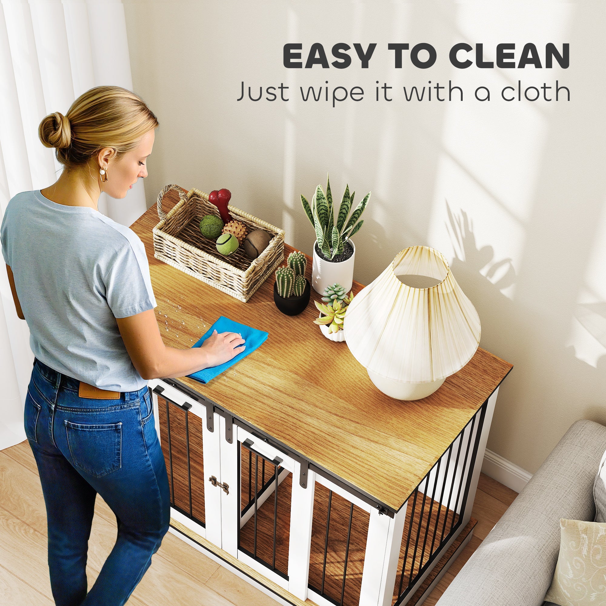 47in Dog Crate Furniture with Divider Panel, Wooden Dog Kennel TV Stand for Large Breeds, Pet House Side Table for 2 Small Breeds with 2 Rooms Design, 2 Sliding Doors, White