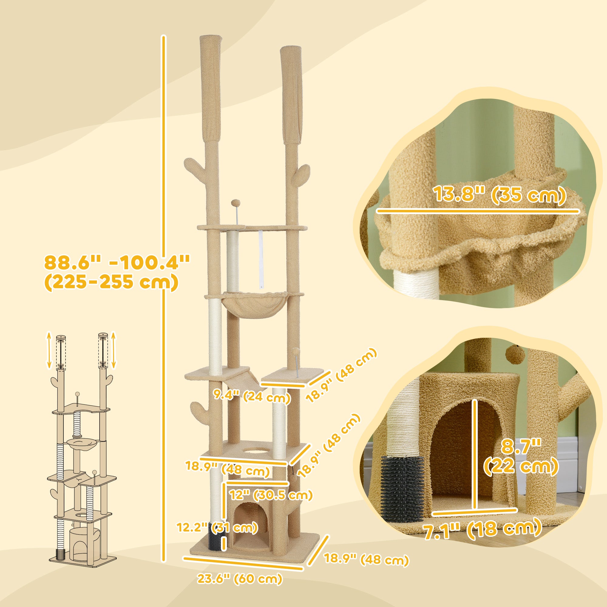 89"-100" Floor to Ceiling Cat Tree Cat Tower for Large Cats w/ Scratching Posts, Grooming Brush Post, Cat Condo, Brown