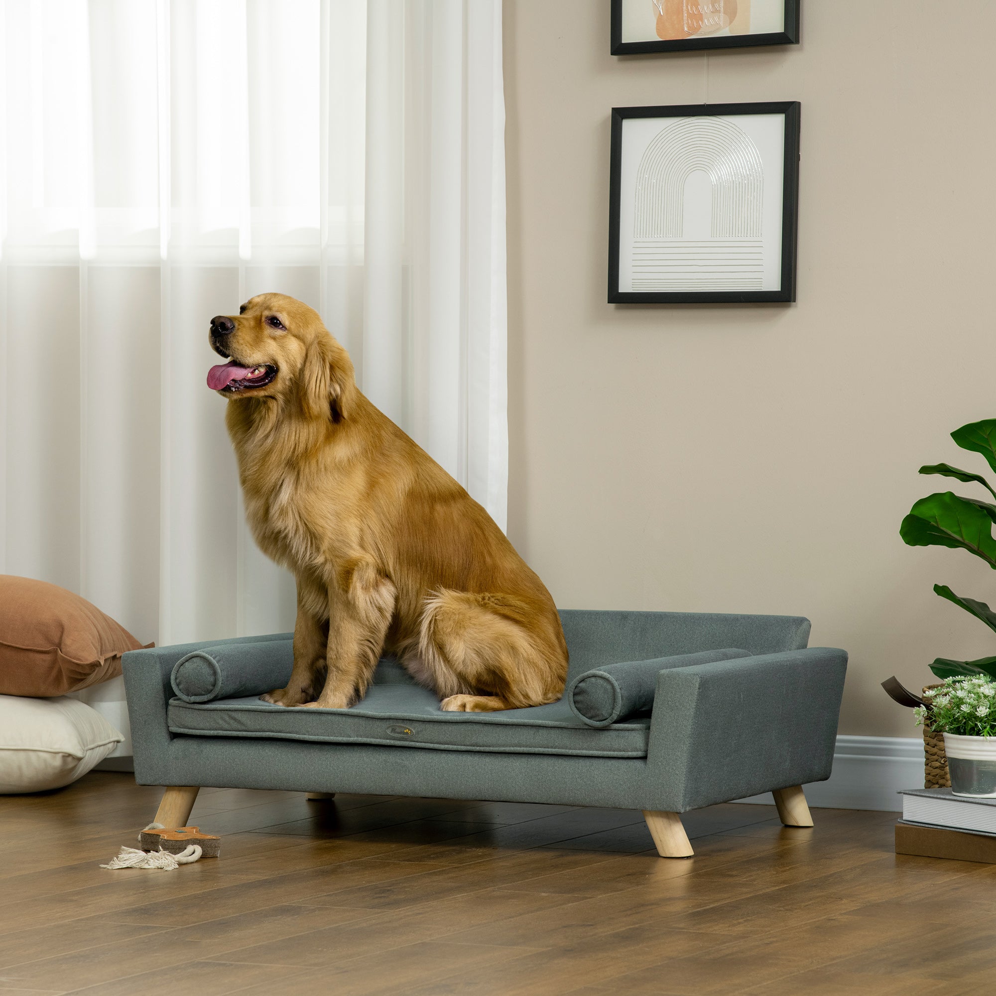 Dog Sofa Bed with Removable Pillows, Foam Pet Sofa Cat Sofa with Removable Washable Cushion, Water-resistant Fabric, for Medium and Large Dogs, Grey