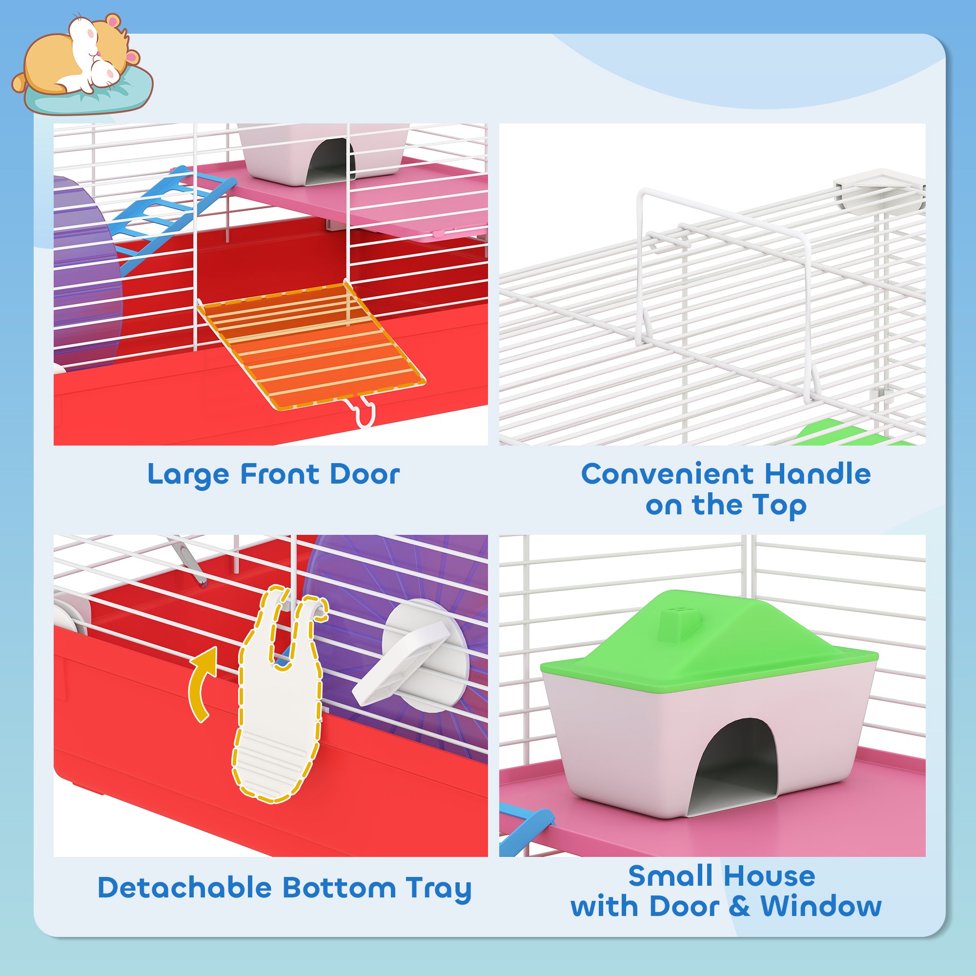 Cage pour hamster de 18.5'' avec roue d’exercice et gamelles-biberon, maison et habitats pour rats, conception à 2 étages, rouge