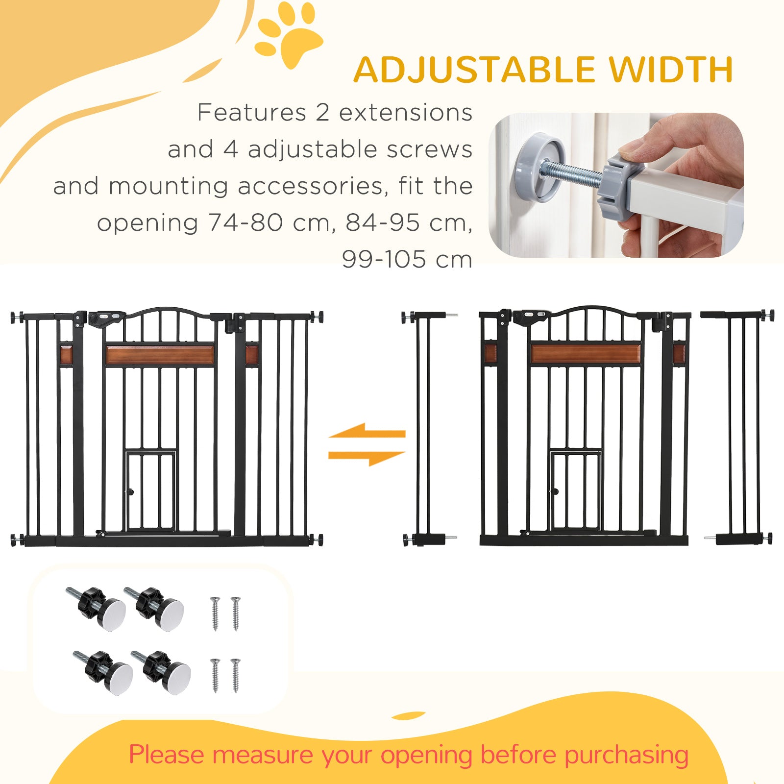 Barrière pour chien extra-large de 29,1'' à 41,3'' avec porte pour chat, fixation par pression pour escaliers, fermeture automatique, double verrouillage, pour portes et couloirs