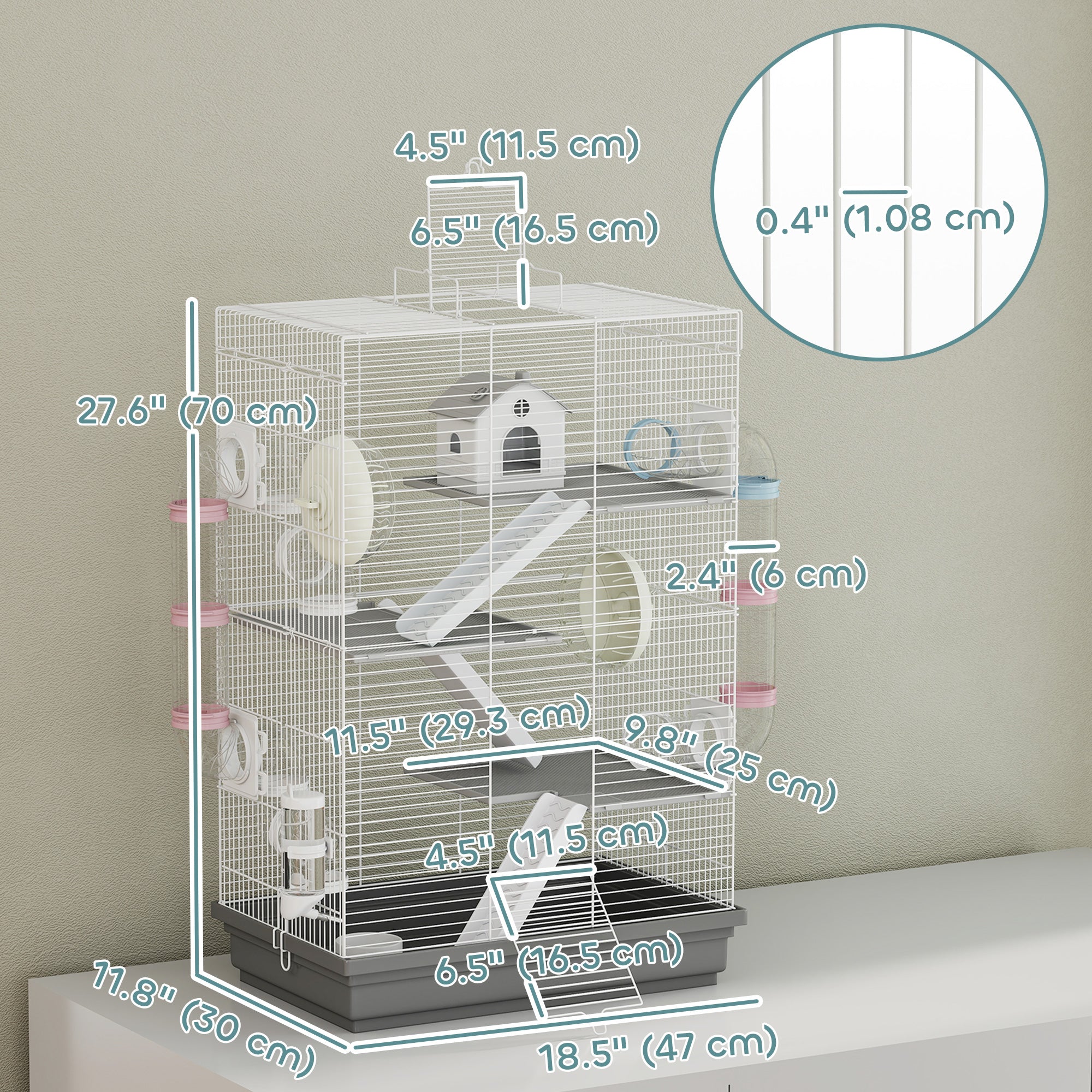 4-Level Large Hamster Cage with DIY Tubes, Water Bottle, Food Dish, Hut, Exercise Wheels, Grey