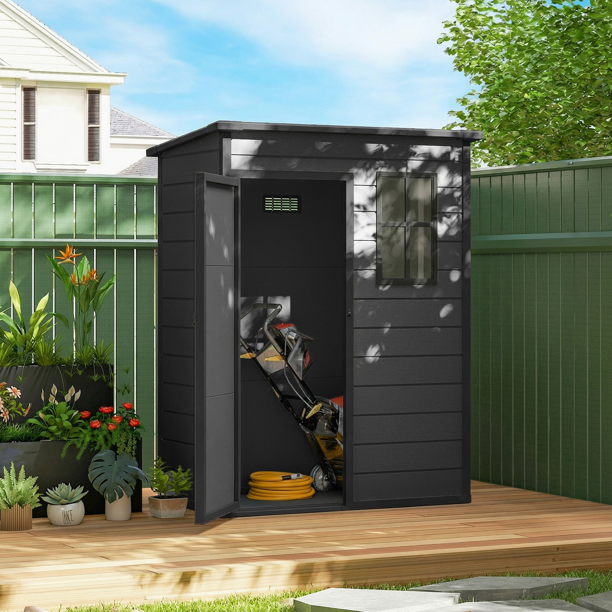 5x3ft Plastic Garden Storage Shed with Floor - Dark Grey-Patio & Garden > Lawn & Garden > Sheds-DECOROLALA