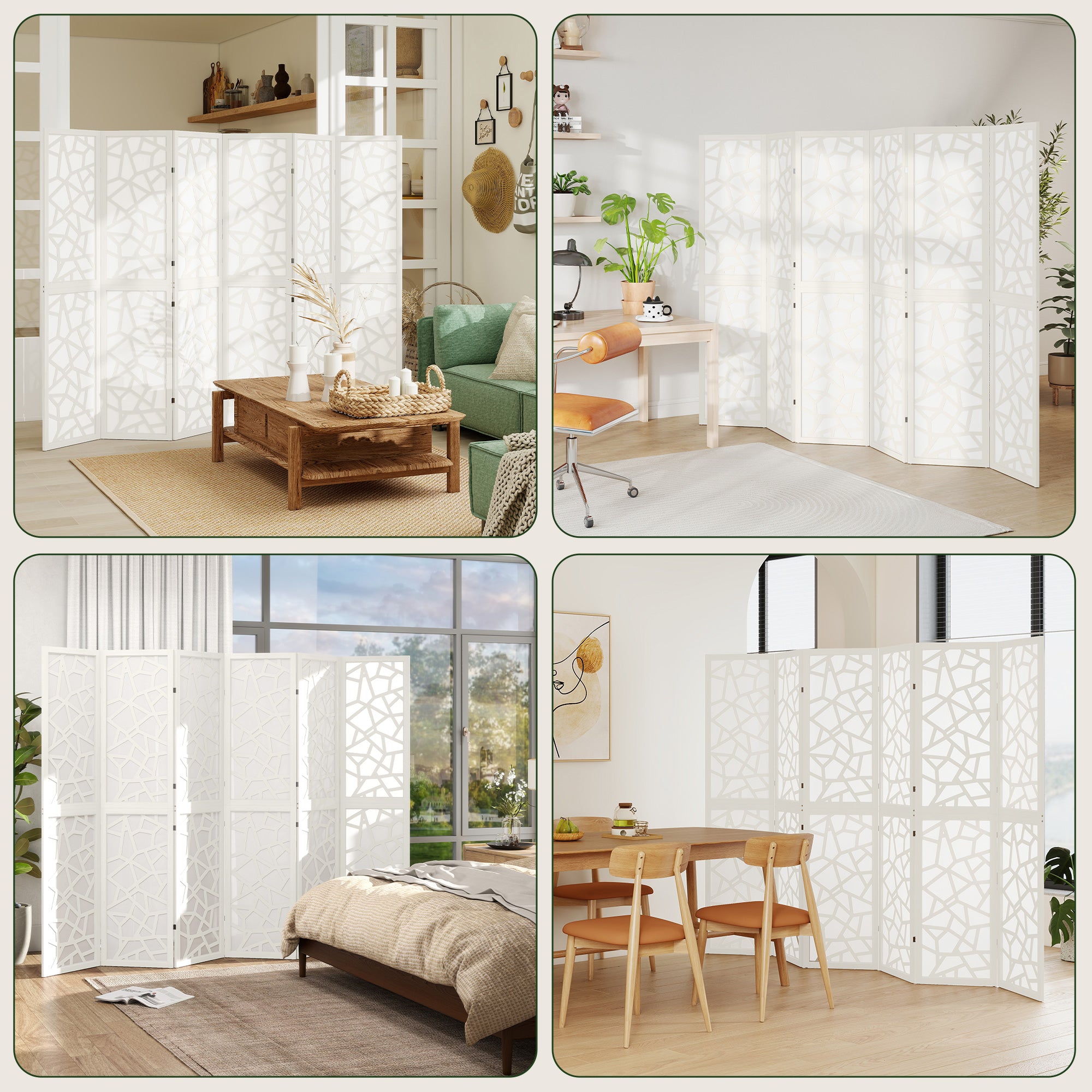 6 Panel Room Divider, 5.6 FT Lightweight Folding Privacy Screen with Geometric Pattern for Living Room, Bedroom, White