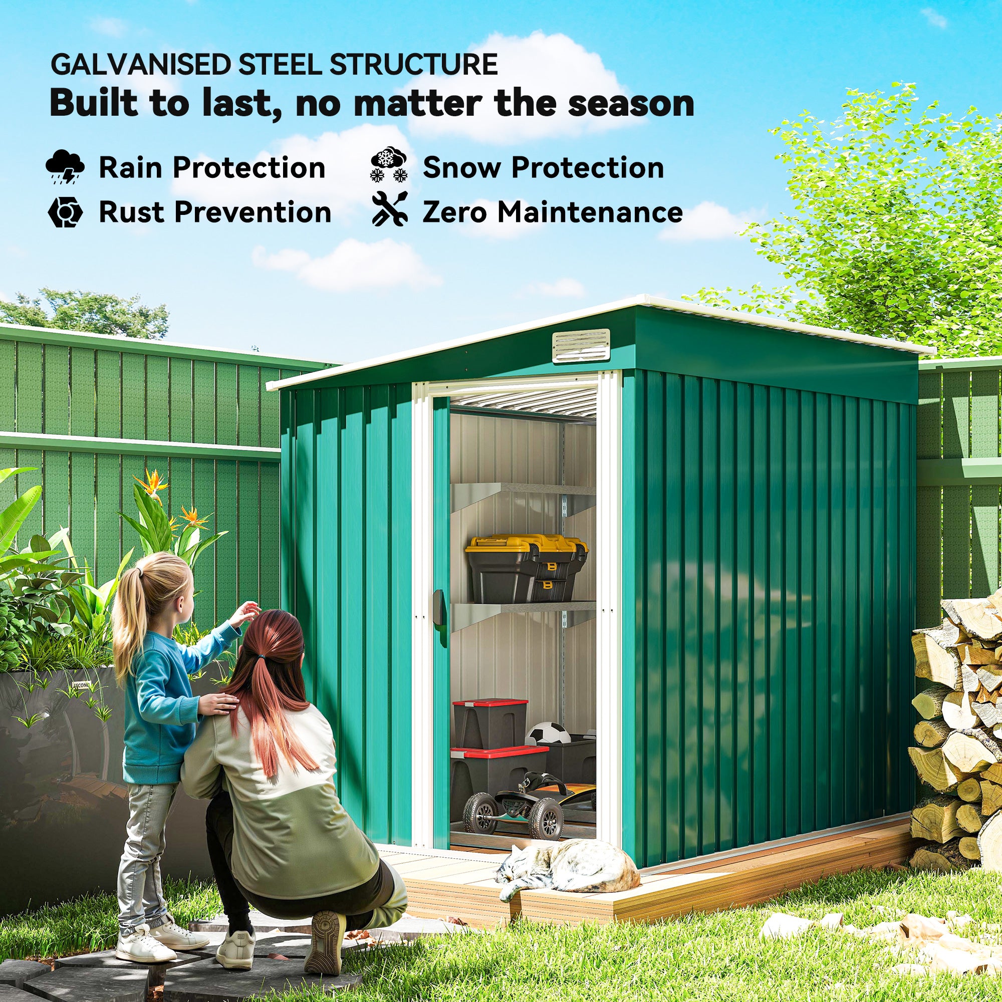 5'x7' Lean-to Galvanized Metal Garden Shed with Foundation - Green-Patio & Garden > Lawn & Garden > Sheds-DECOROLALA