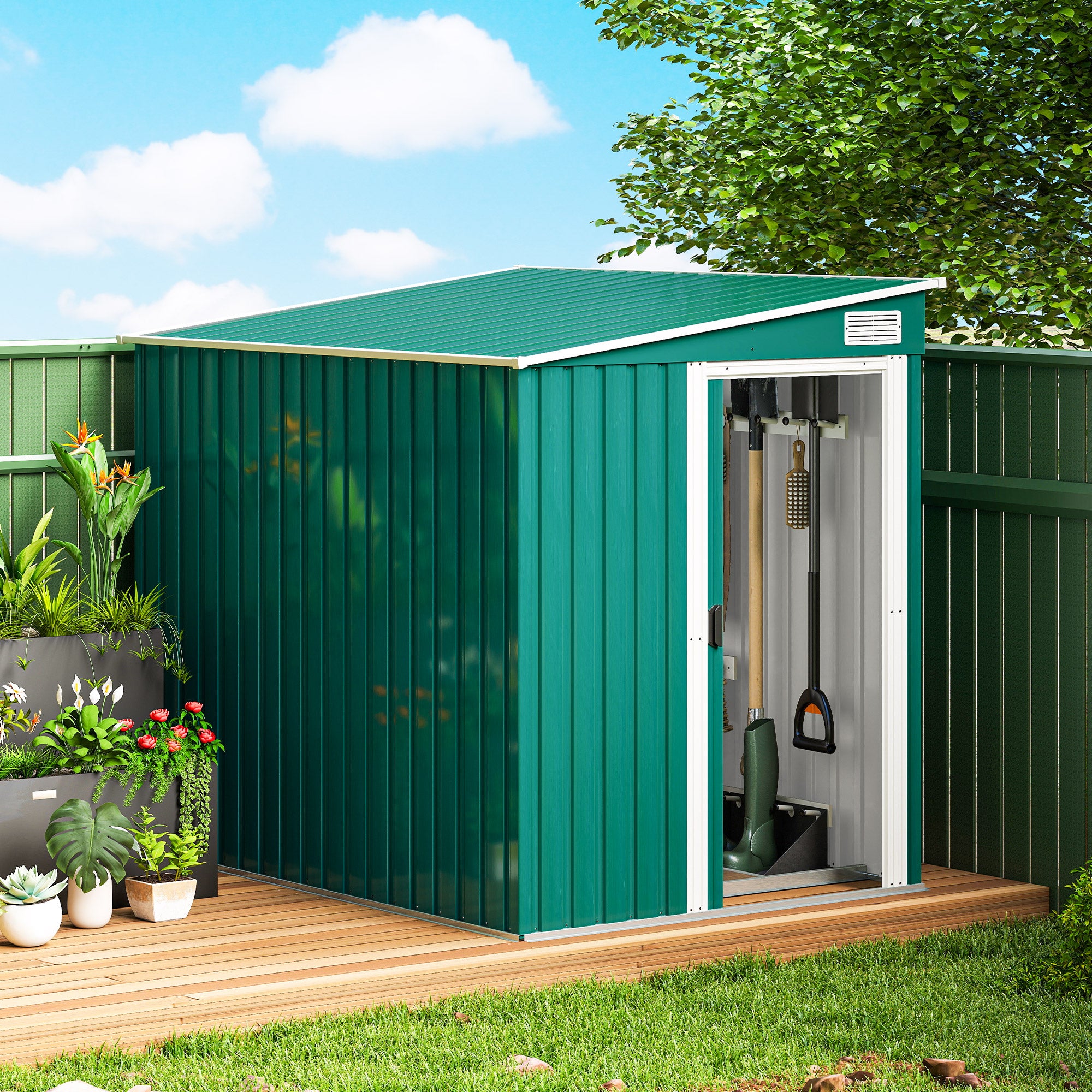 5'x7' Lean-to Galvanized Metal Garden Shed with Foundation - Green-Patio & Garden > Lawn & Garden > Sheds-DECOROLALA