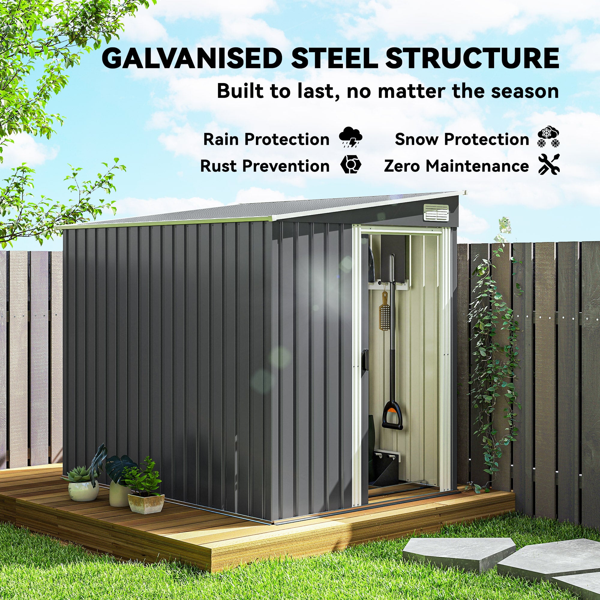 5'x7' Lean-to Galvanized Metal Shed with Foundation - Dark Grey-Patio & Garden > Lawn & Garden > Sheds-DECOROLALA