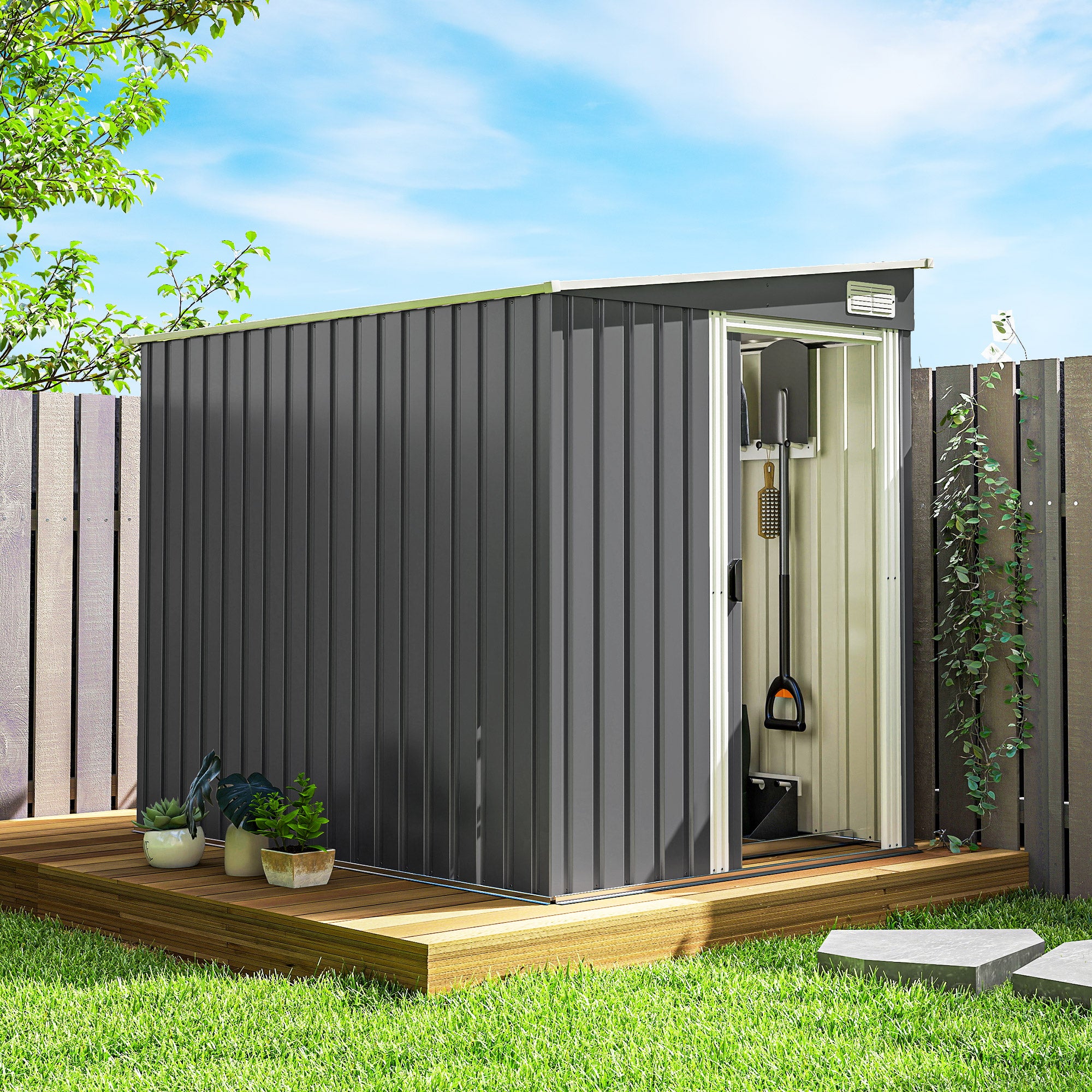 5'x7' Lean-to Galvanized Metal Shed with Foundation - Dark Grey-Patio & Garden > Lawn & Garden > Sheds-DECOROLALA