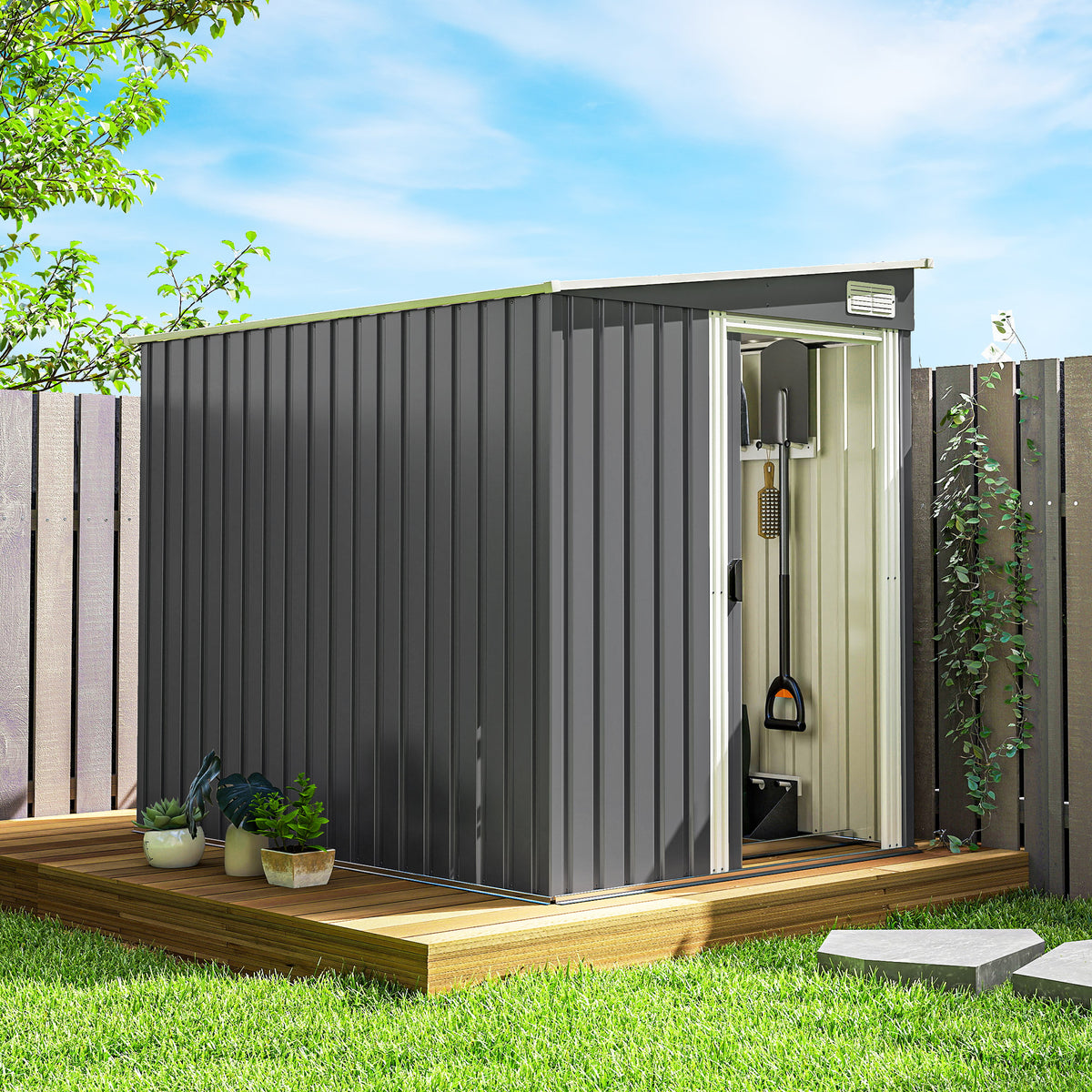 5'x7' Lean-to Galvanized Metal Shed with Foundation - Dark Grey-Patio & Garden > Lawn & Garden > Sheds-DECOROLALA