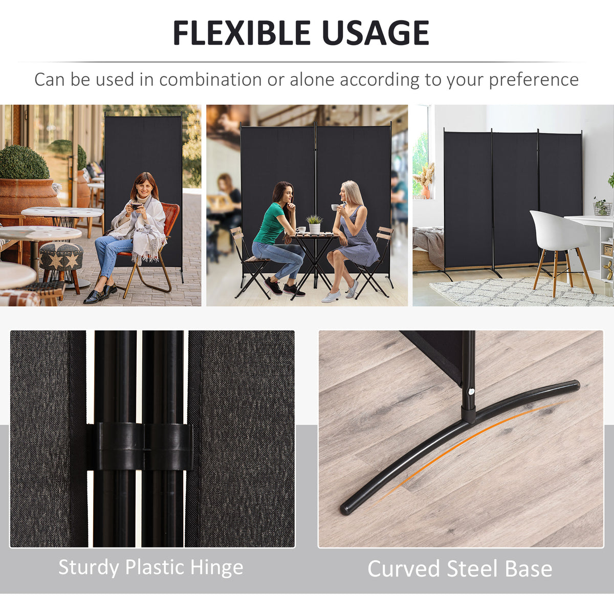 6' 3-Panel Room Divider - Black Folding Privacy Screen-Home Furnishings > Living Room Furniture > Room Dividers-DECOROLALA