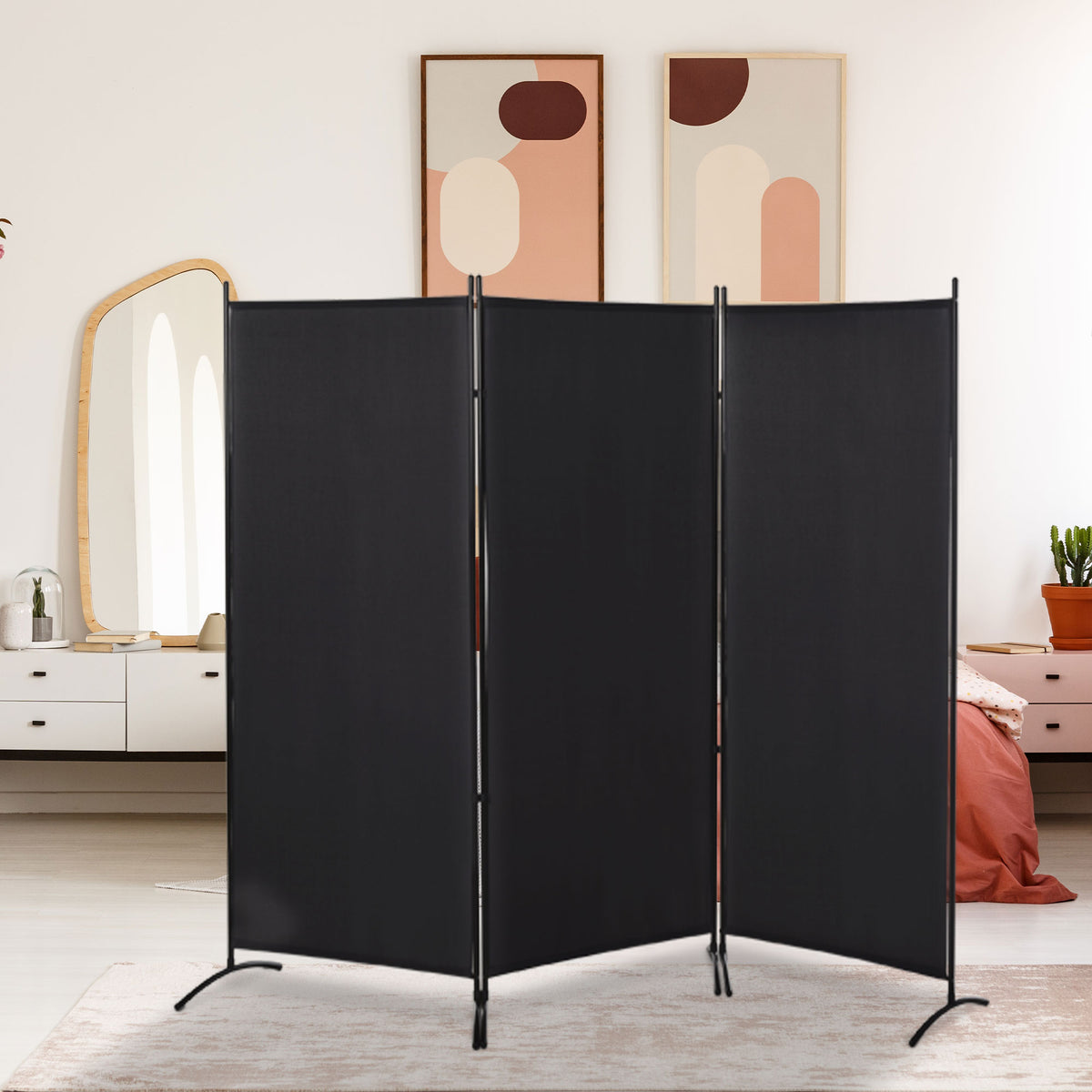6' 3-Panel Room Divider - Black Folding Privacy Screen-Home Furnishings > Living Room Furniture > Room Dividers-DECOROLALA