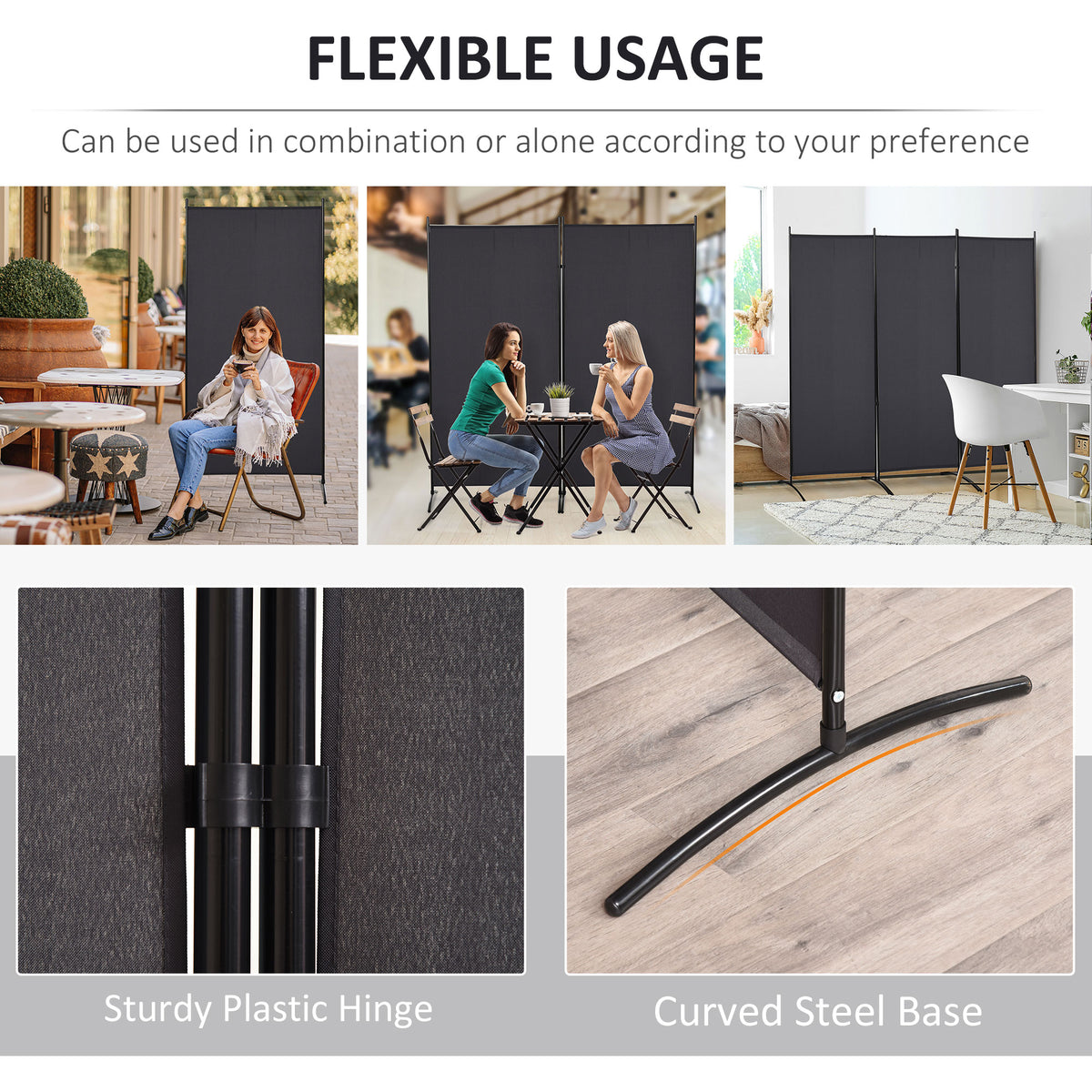 6' 3-Panel Room Divider - Charcoal Grey Folding Privacy Screen-Home Furnishings > Living Room Furniture > Room Dividers-DECOROLALA
