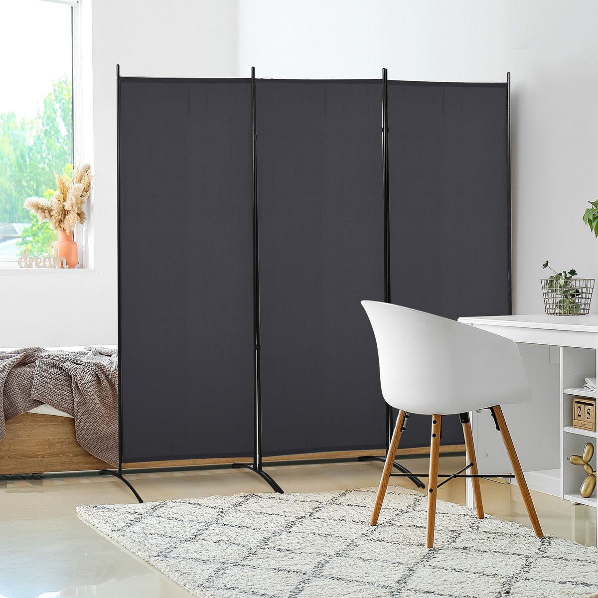 6' 3-Panel Room Divider - Charcoal Grey Folding Privacy Screen-Home Furnishings > Living Room Furniture > Room Dividers-DECOROLALA