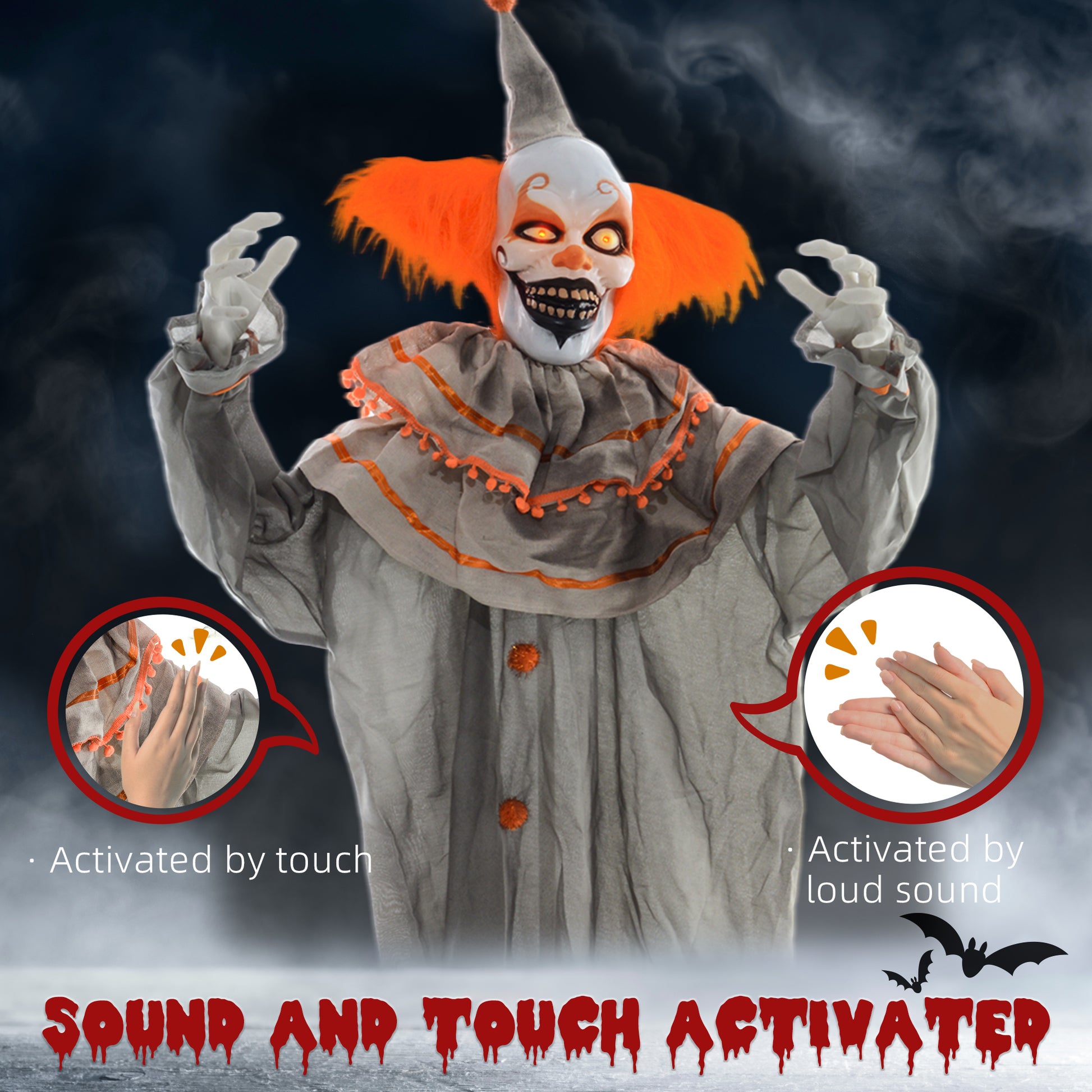 6' Animatronic Halloween Clown - Orange Sound & Motion Activated-Home Furnishings > Holiday & Seasonal > Halloween Decorations-DECOROLALA