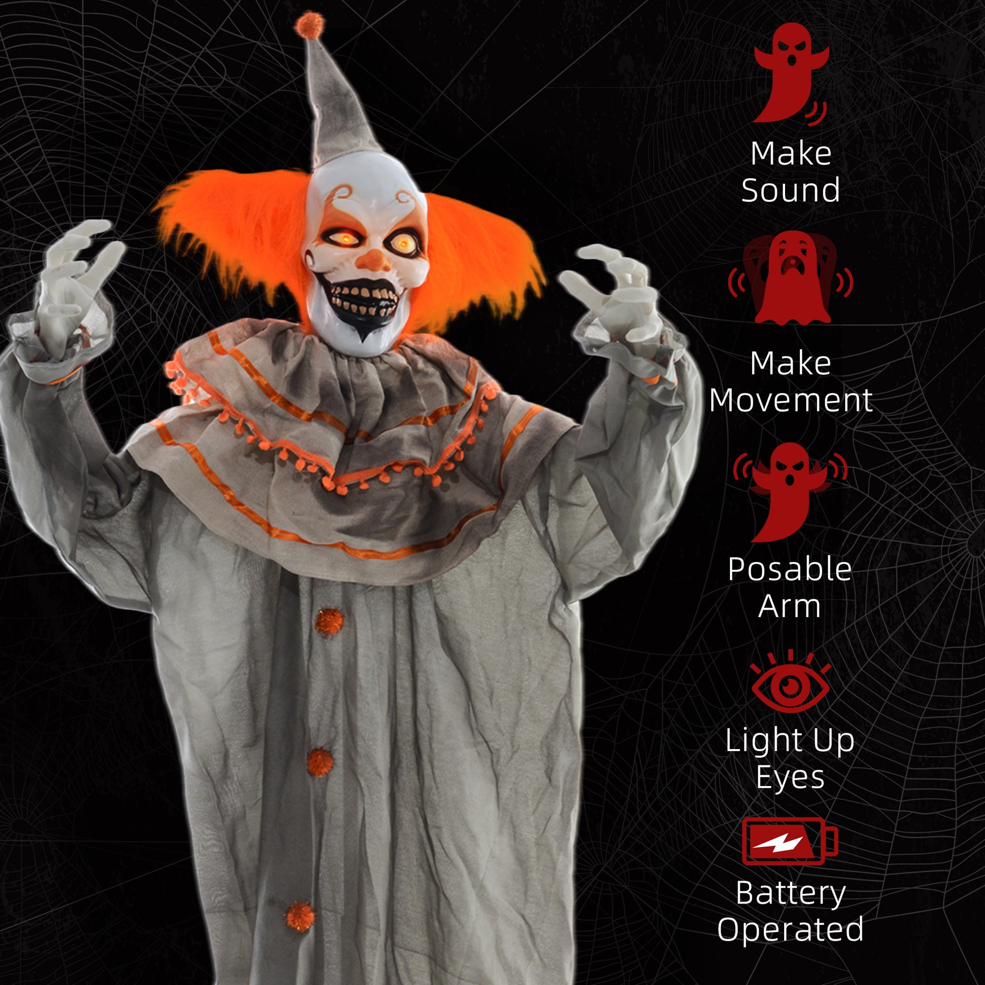 6' Animatronic Halloween Clown - Orange Sound & Motion Activated-Home Furnishings > Holiday & Seasonal > Halloween Decorations-DECOROLALA