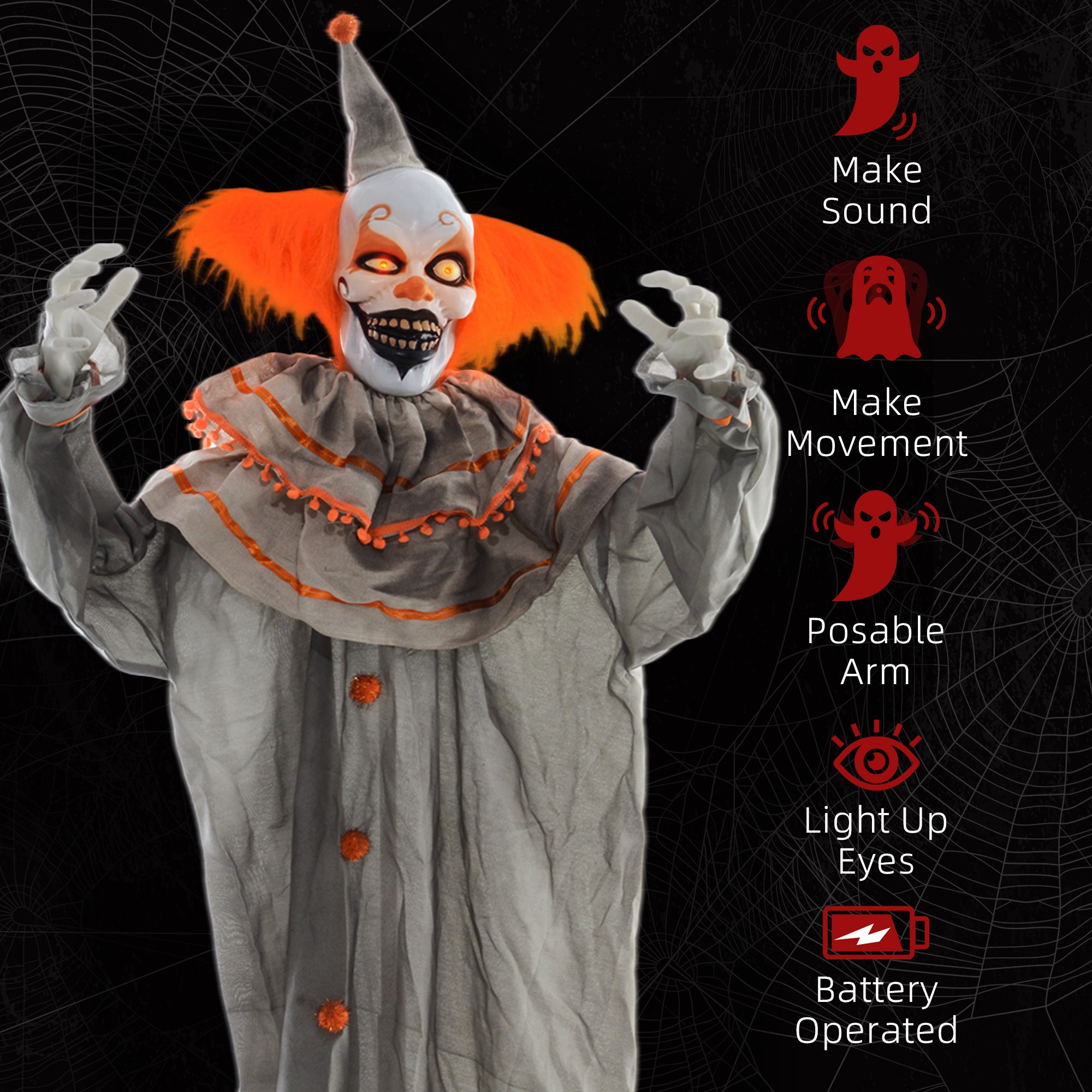 6' Animatronic Halloween Clown - Orange Sound & Motion Activated-Home Furnishings > Holiday & Seasonal > Halloween Decorations-DECOROLALA