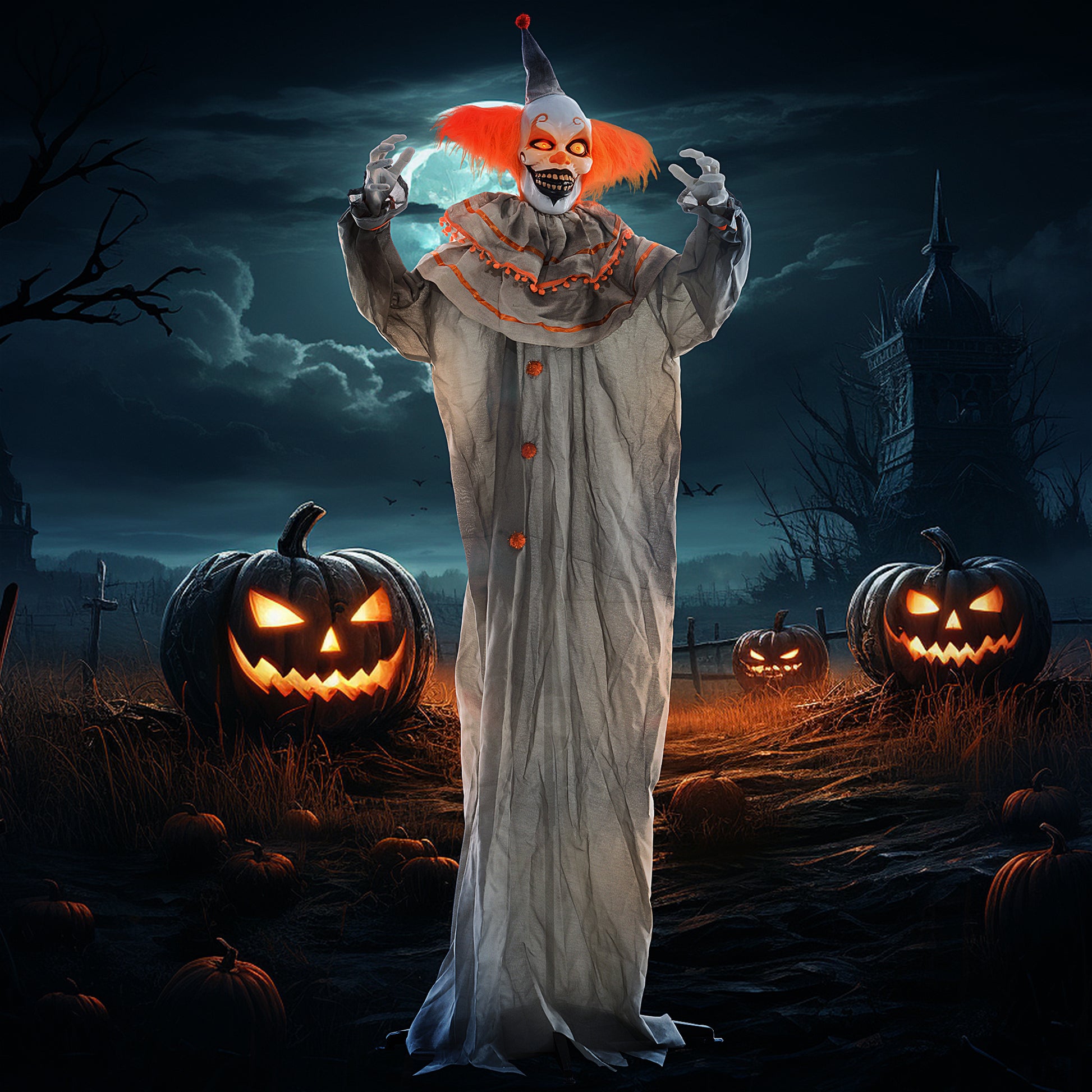 6' Animatronic Halloween Clown - Orange Sound & Motion Activated-Home Furnishings > Holiday & Seasonal > Halloween Decorations-DECOROLALA