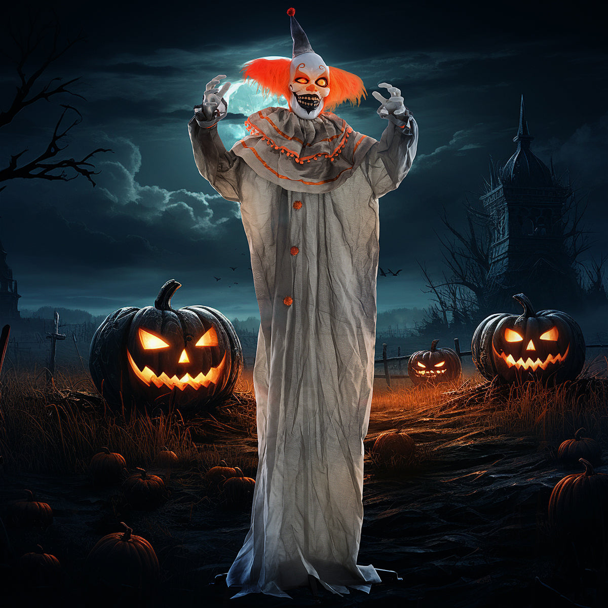 6' Animatronic Halloween Clown - Orange Sound & Motion Activated-Home Furnishings > Holiday & Seasonal > Halloween Decorations-DECOROLALA