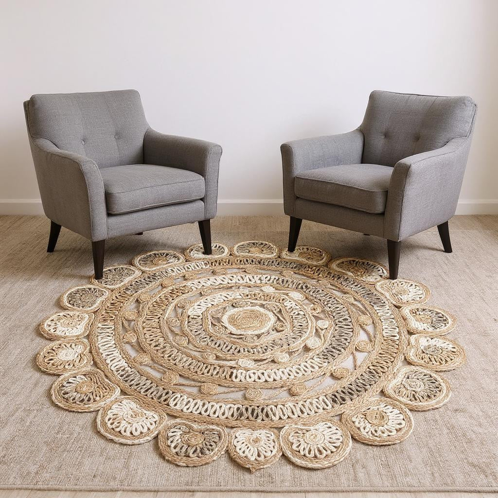 6' Beige Jute Abstract Geometric Hand Braided Round Rug-Area Rugs-DECOROLALA