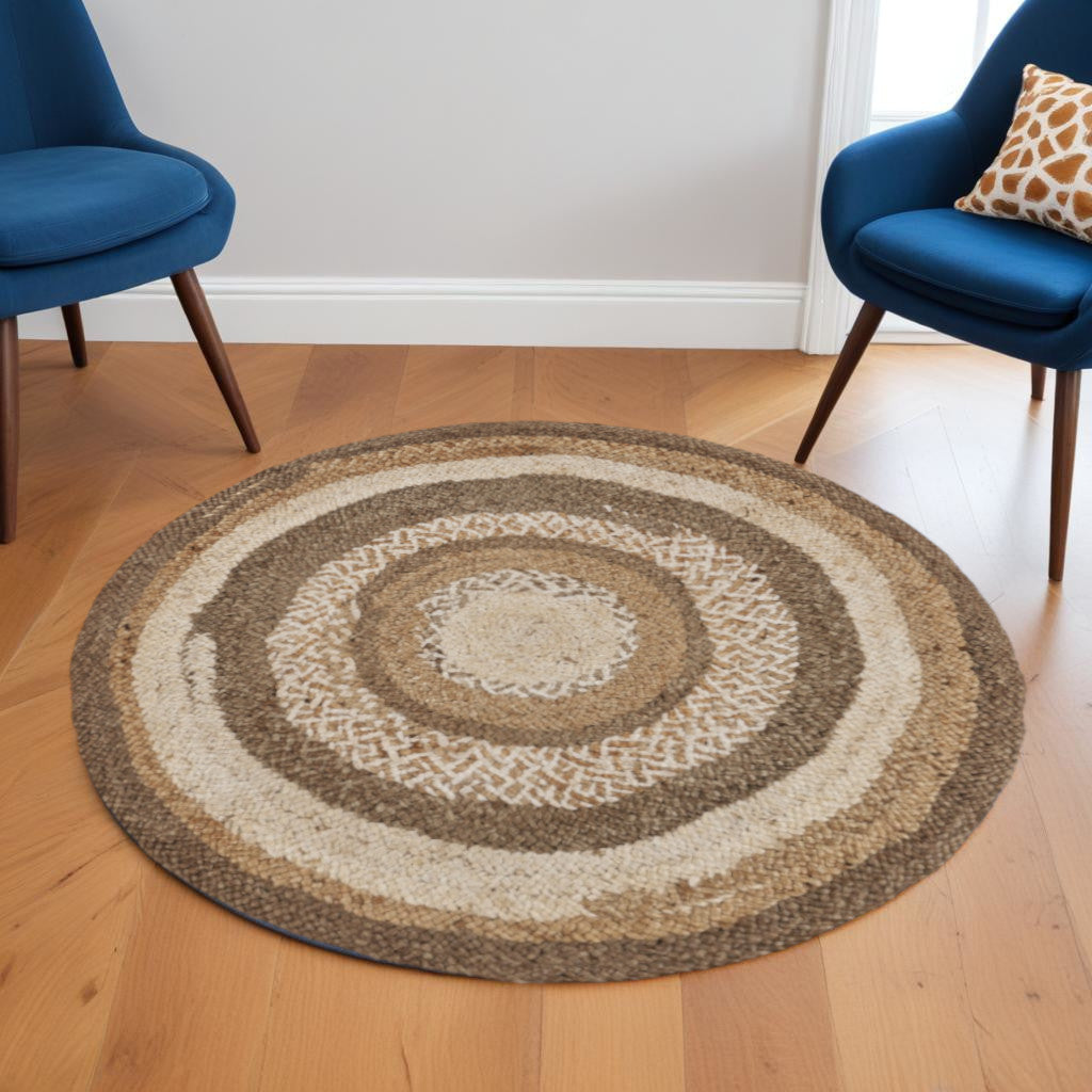 6' Beige Jute Abstract Geometric Hand Braided Round Rug-Area Rugs-DECOROLALA