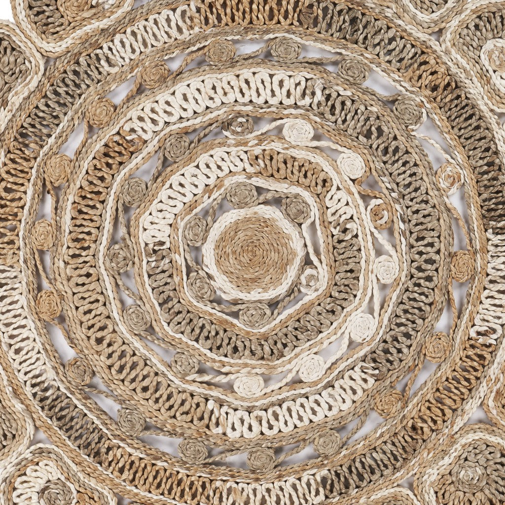6' Beige Jute Abstract Geometric Hand Braided Round Rug-Area Rugs-DECOROLALA