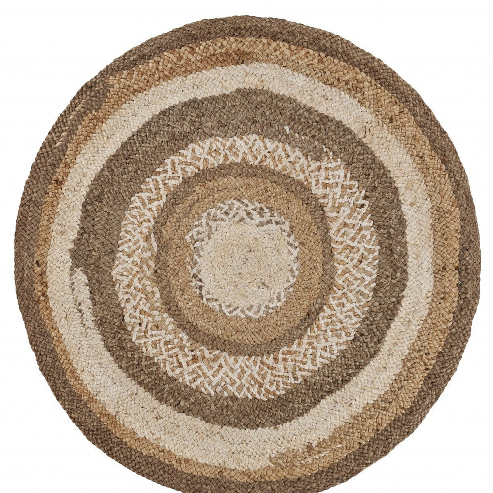 6' Beige Jute Abstract Geometric Hand Braided Round Rug-Area Rugs-DECOROLALA