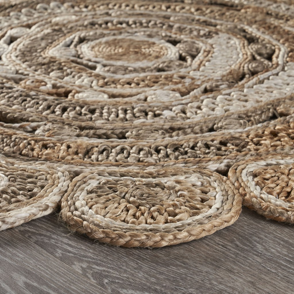 6' Beige Jute Abstract Geometric Hand Braided Round Rug-Area Rugs-DECOROLALA