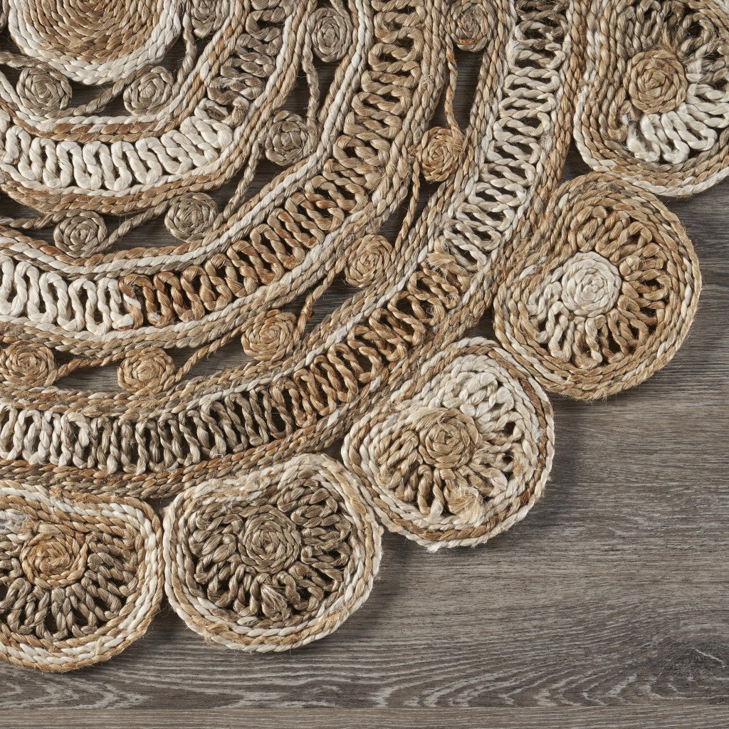 6' Beige Jute Abstract Geometric Hand Braided Round Rug-Area Rugs-DECOROLALA