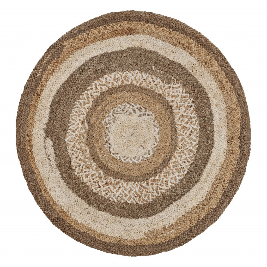 6' Beige Jute Abstract Geometric Hand Braided Round Rug-Area Rugs-DECOROLALA