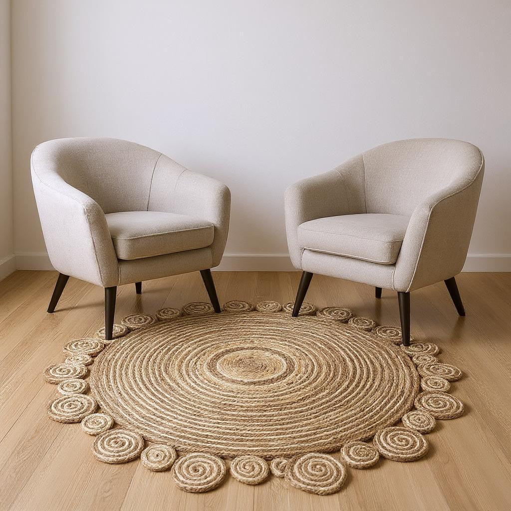 6' Beige Jute Hand Braided Round Rug-Area Rugs-DECOROLALA