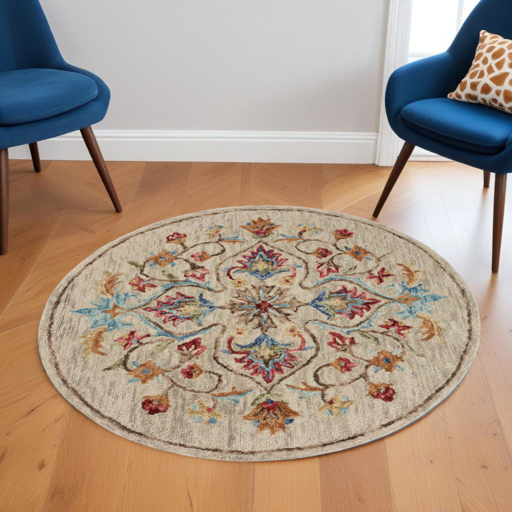 6' Beige Round Wool Hand Tufted Area Rug-Area Rugs-DECOROLALA