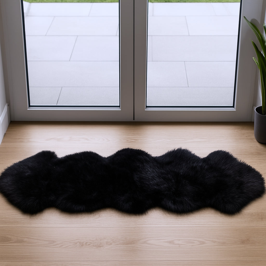6' Black Genuine Sheepskin Animal Print Shag Area Rug-Area Rugs-DECOROLALA