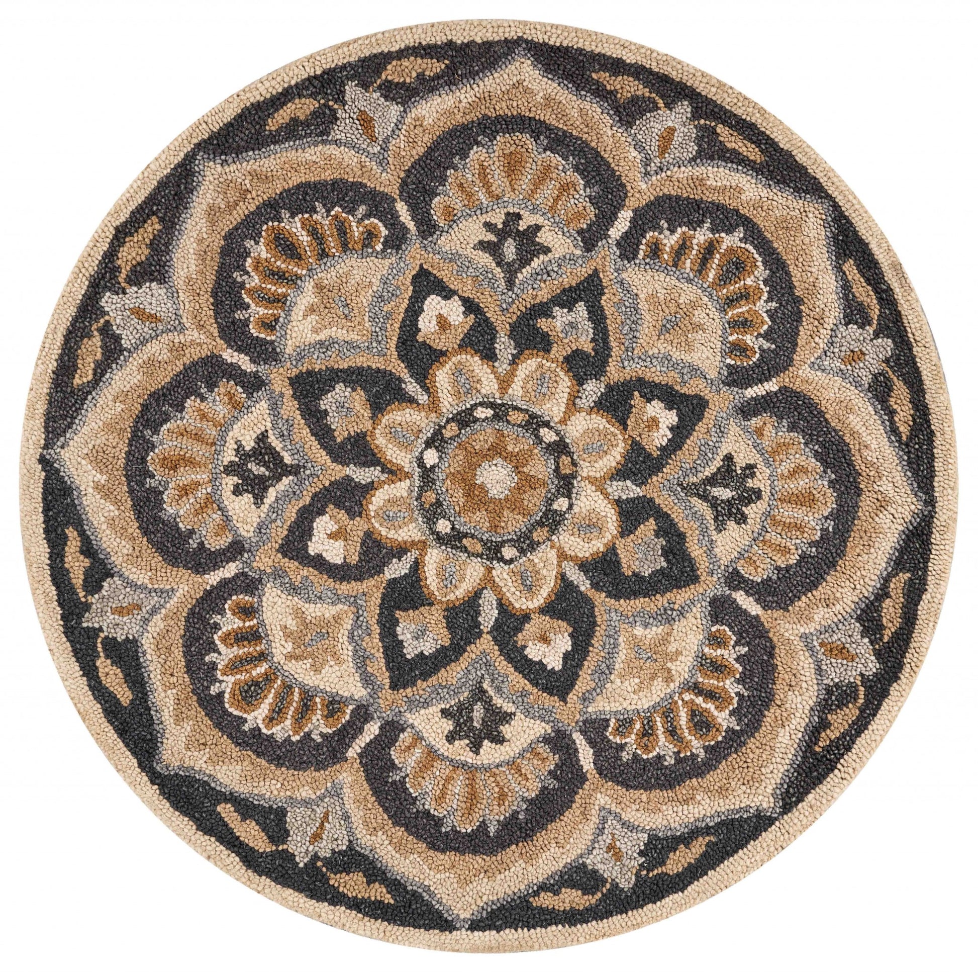 6' Black and Tan Round Wool Floral Medallion Hand Tufted Area Rug-Area Rugs-DECOROLALA