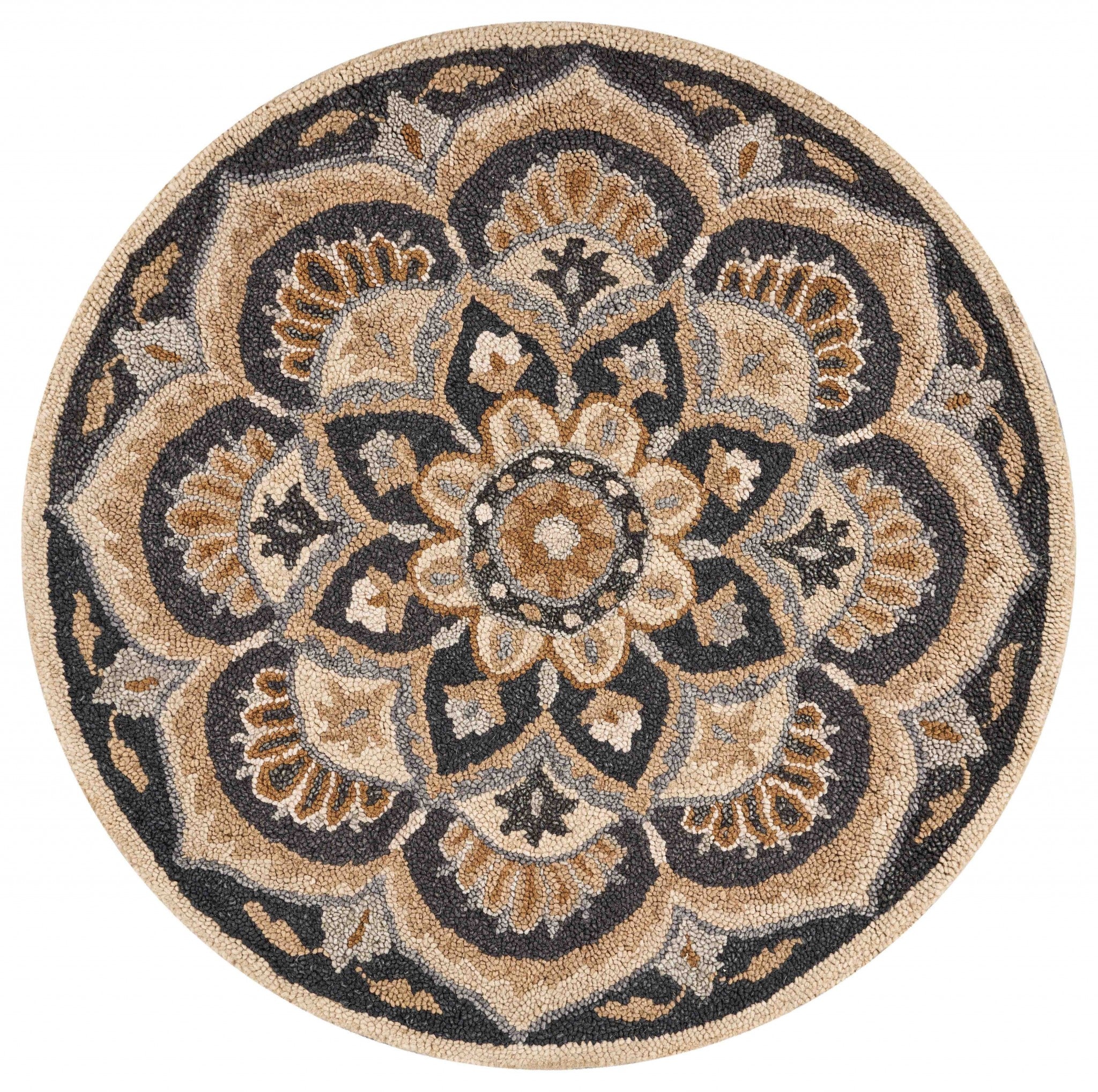 6' Black and Tan Round Wool Floral Medallion Hand Tufted Area Rug-Area Rugs-DECOROLALA