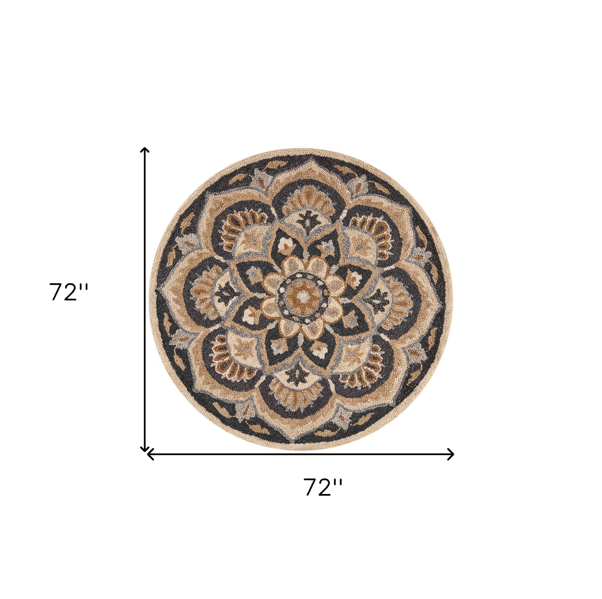 6' Black and Tan Round Wool Floral Medallion Hand Tufted Area Rug-Area Rugs-DECOROLALA