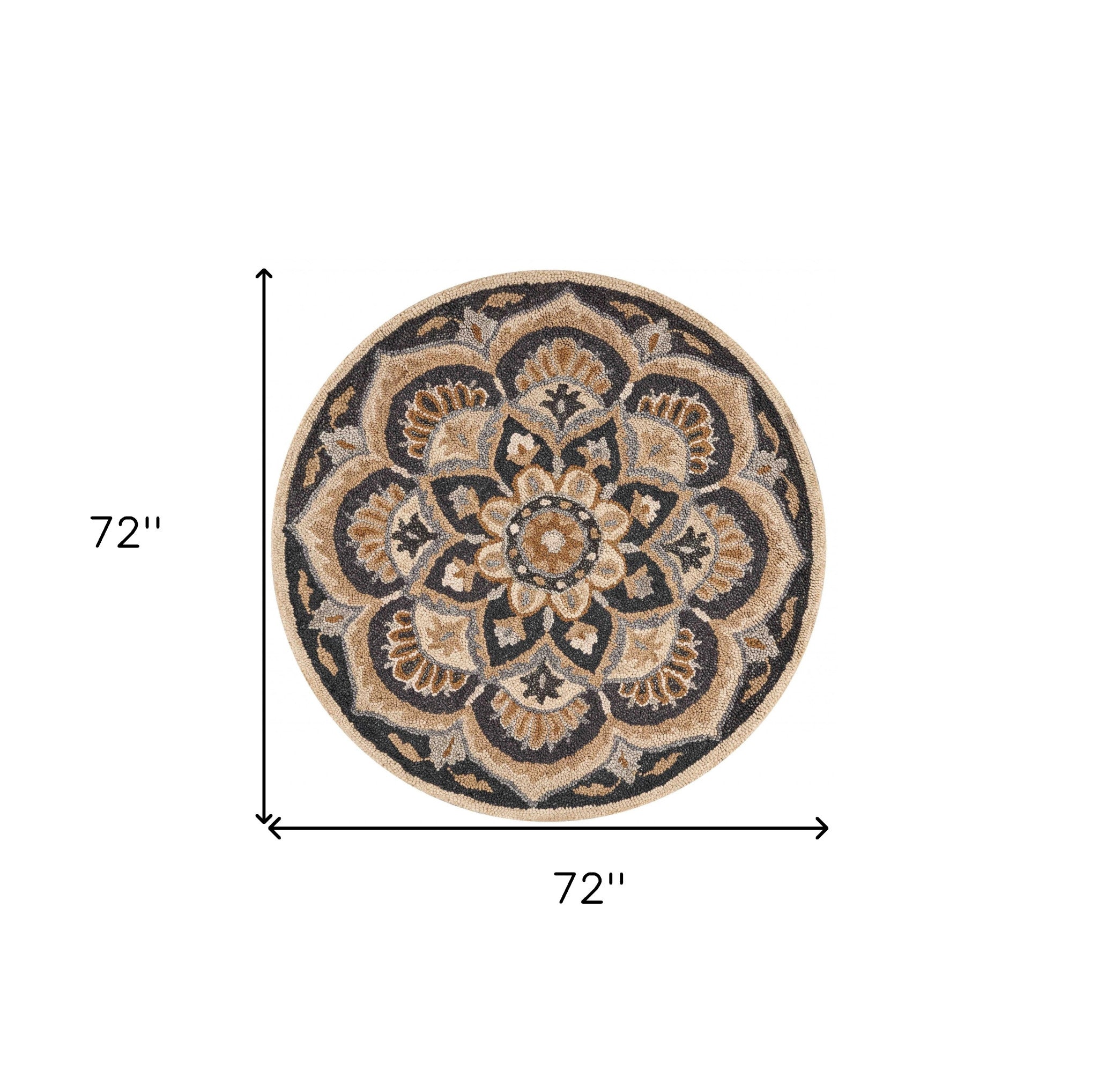 6' Black and Tan Round Wool Floral Medallion Hand Tufted Area Rug-Area Rugs-DECOROLALA