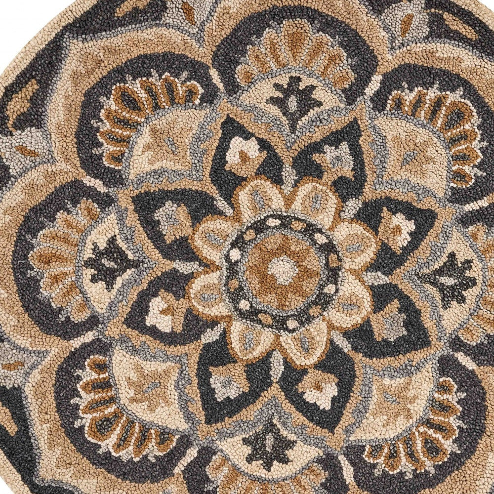6' Black and Tan Round Wool Floral Medallion Hand Tufted Area Rug-Area Rugs-DECOROLALA