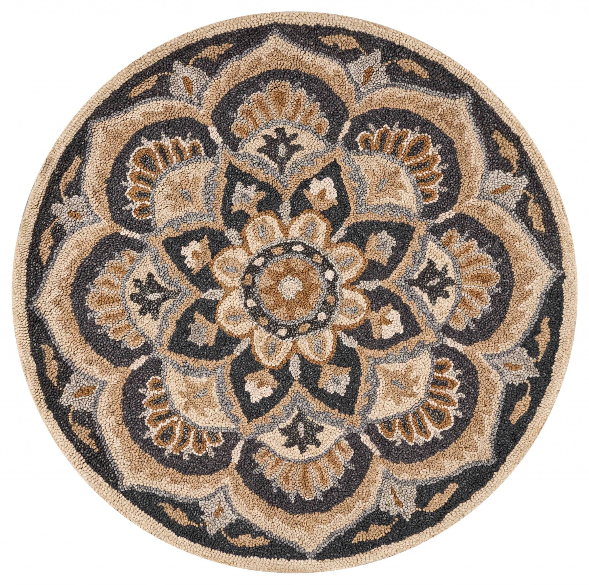 6' Black and Tan Round Wool Floral Medallion Hand Tufted Area Rug-Area Rugs-DECOROLALA