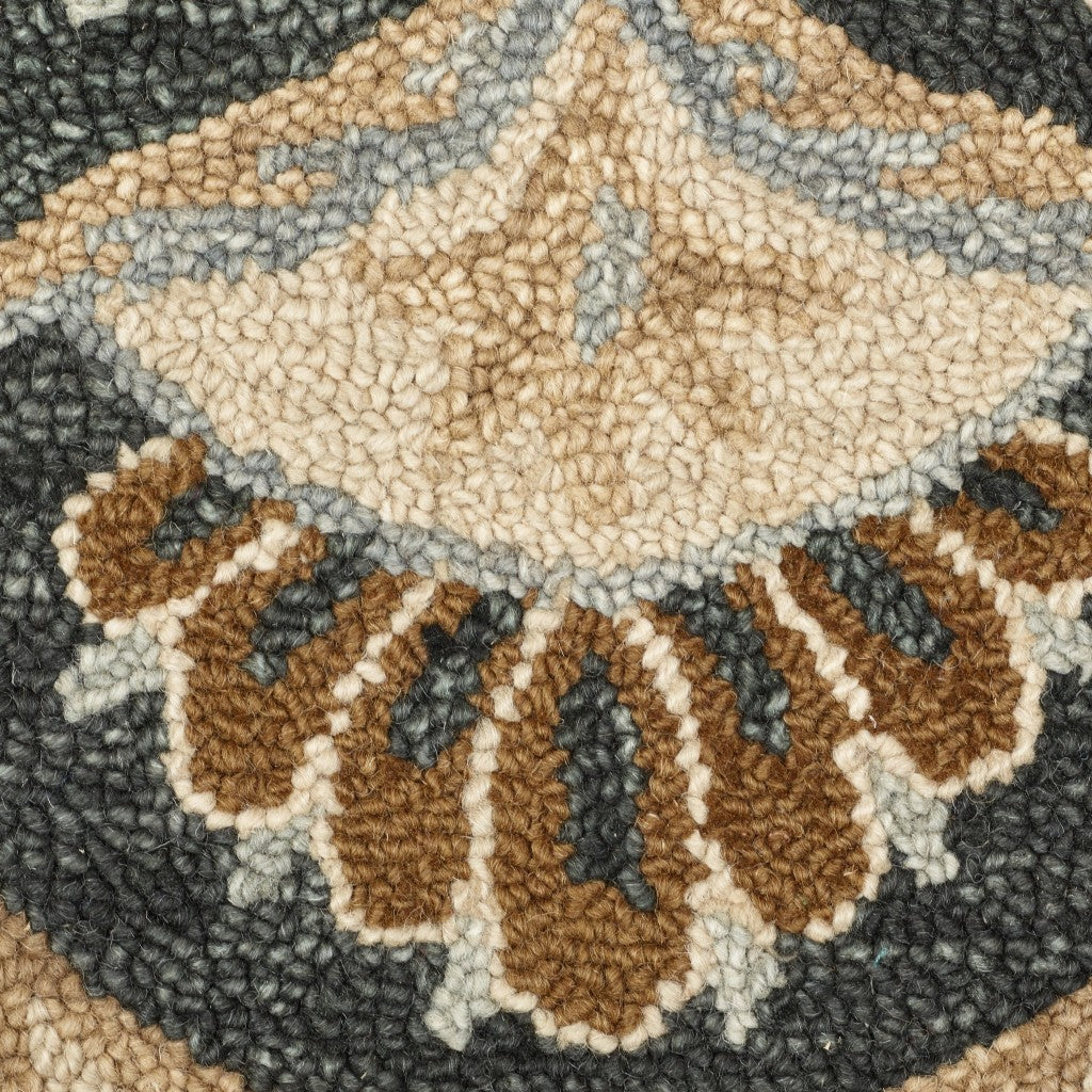 6' Black and Tan Round Wool Floral Medallion Hand Tufted Area Rug-Area Rugs-DECOROLALA