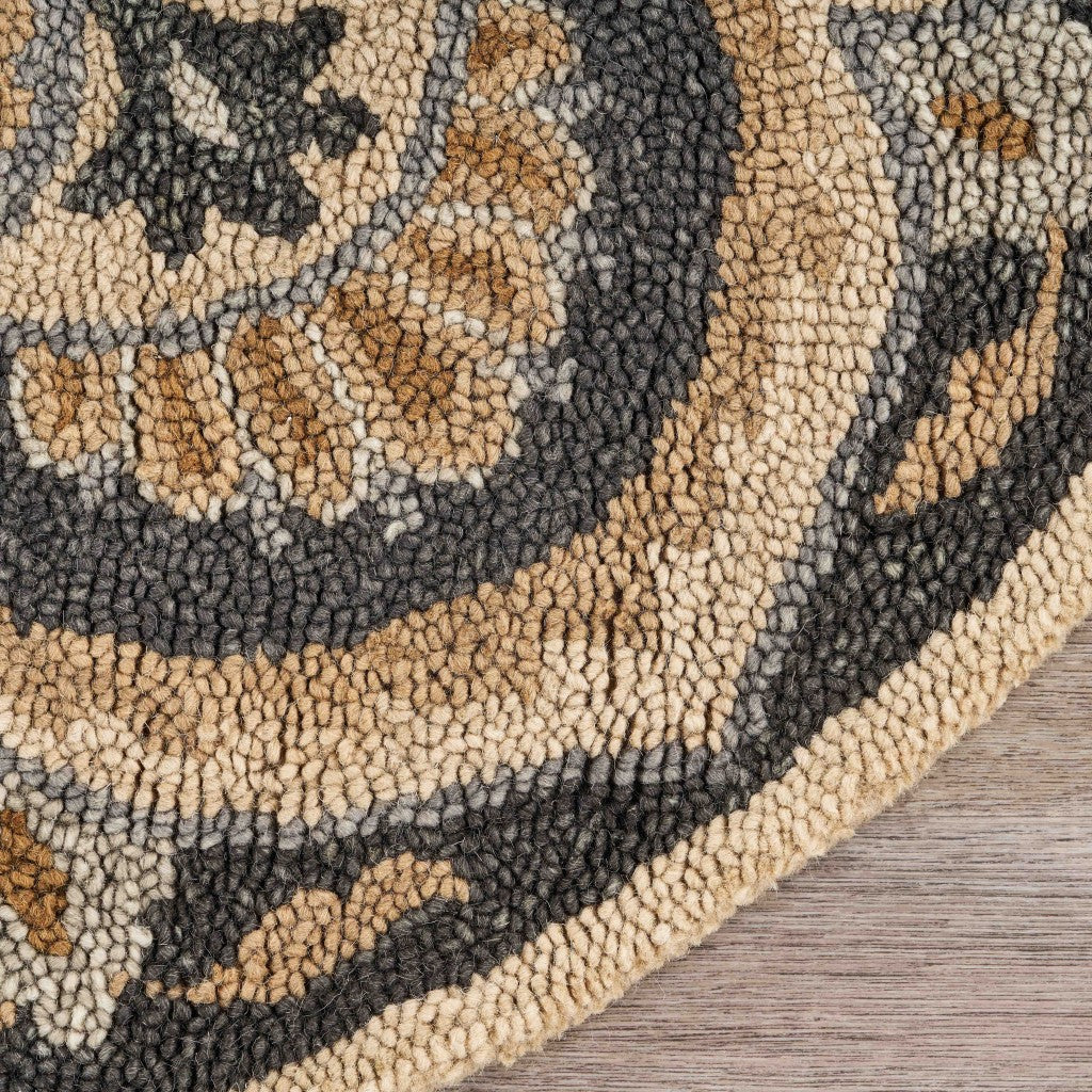 6' Black and Tan Round Wool Floral Medallion Hand Tufted Area Rug-Area Rugs-DECOROLALA
