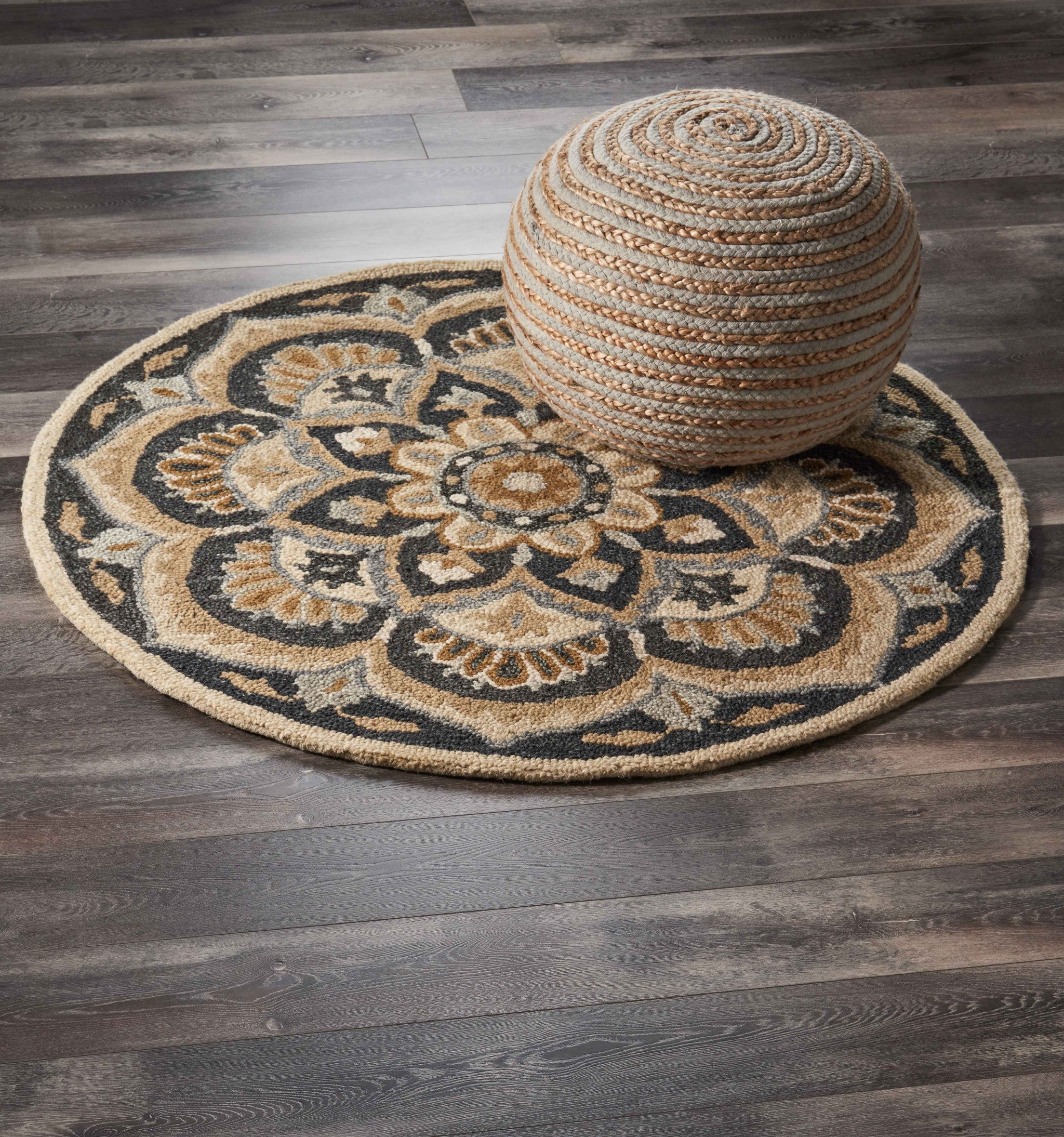 6' Black and Tan Round Wool Floral Medallion Hand Tufted Area Rug-Area Rugs-DECOROLALA