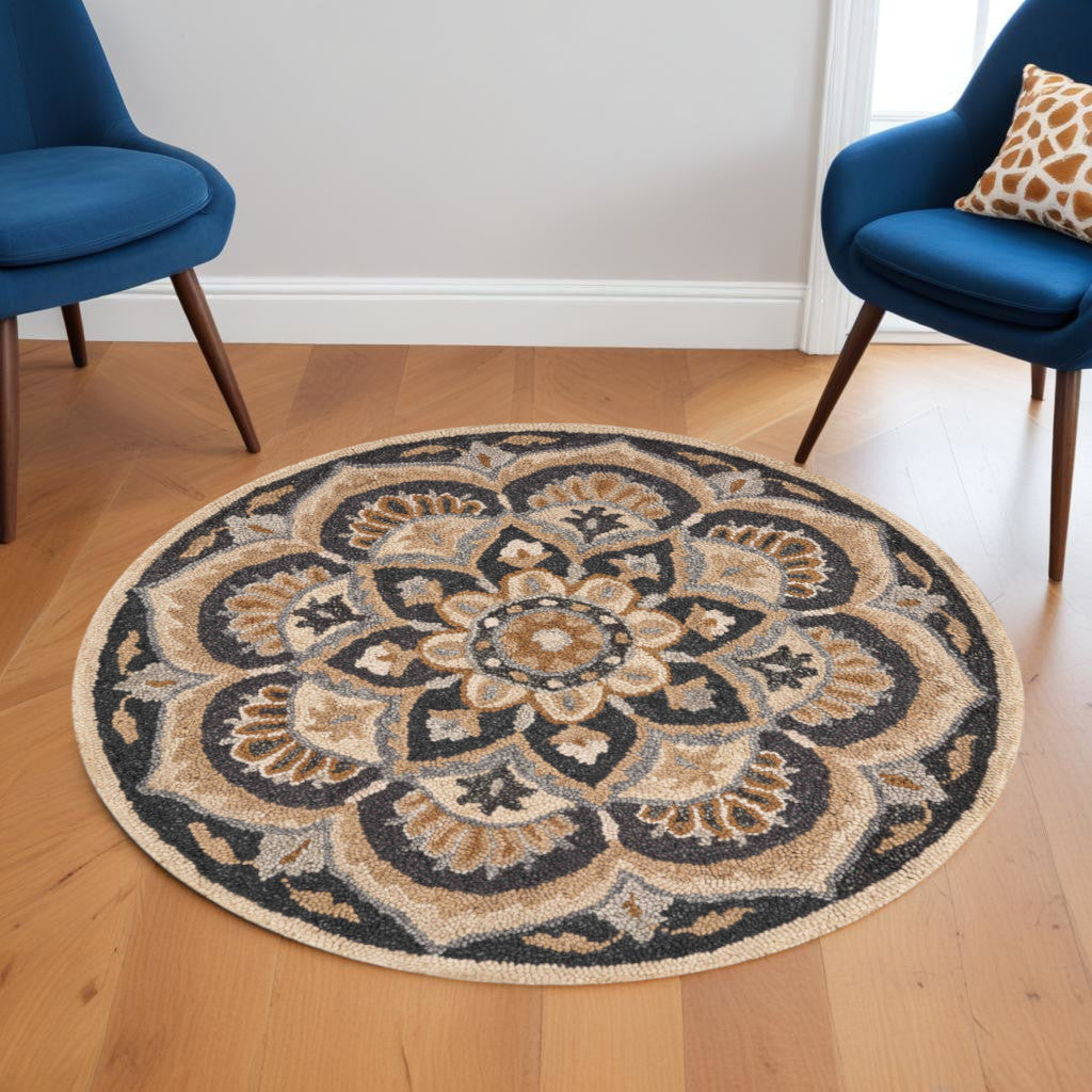 6' Black and Tan Round Wool Floral Medallion Hand Tufted Area Rug-Area Rugs-DECOROLALA