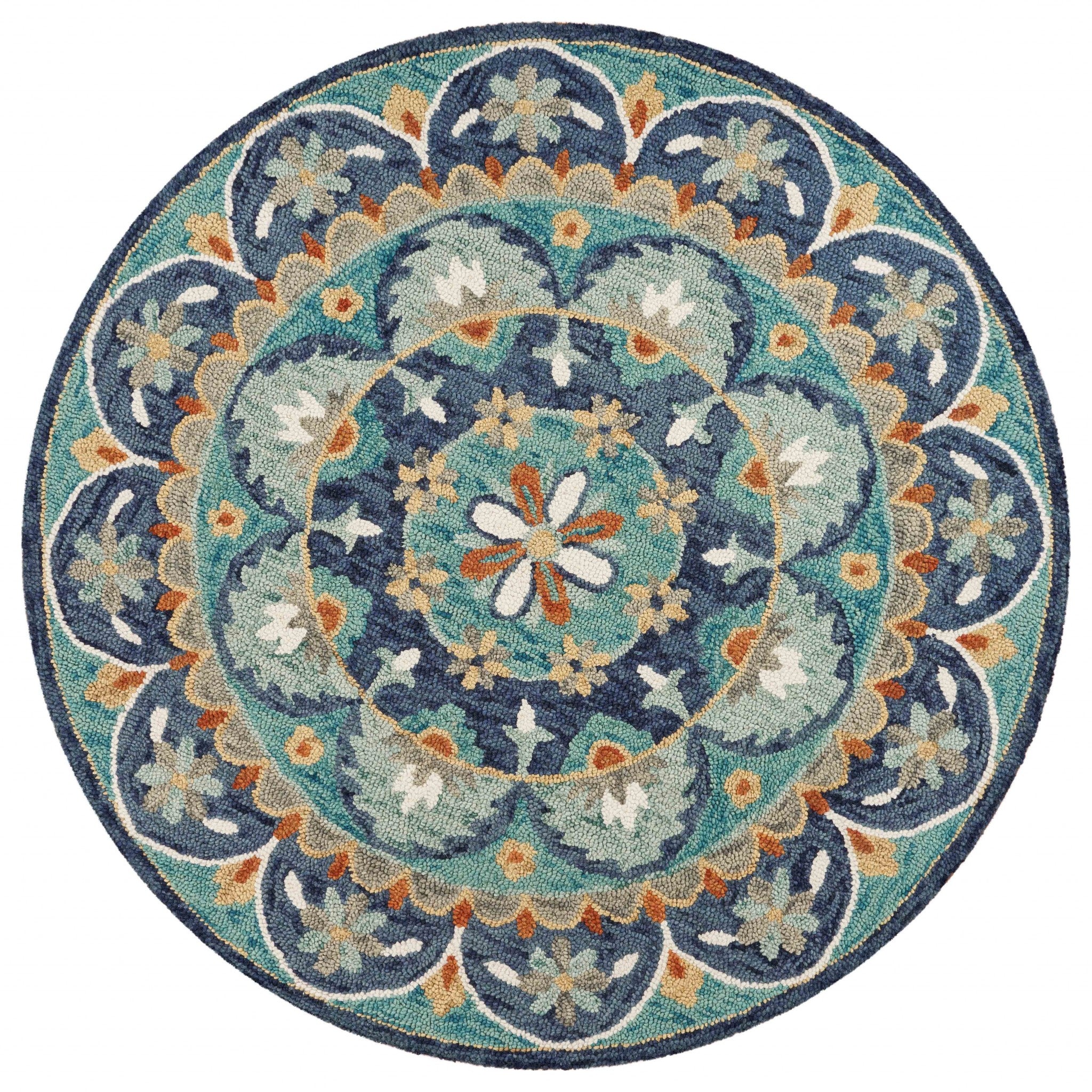 6' Blue And Green Round Wool Floral Hand Tufted Area Rug-Area Rugs-DECOROLALA