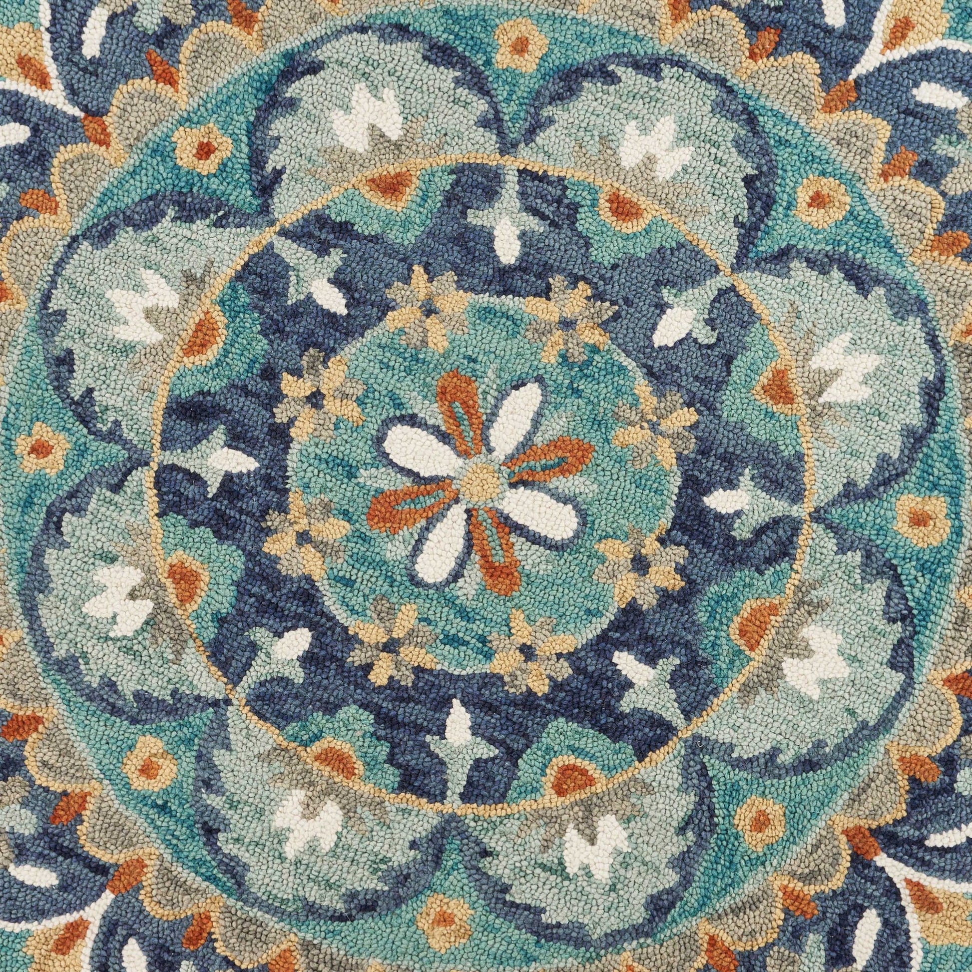 6' Blue And Green Round Wool Floral Hand Tufted Area Rug-Area Rugs-DECOROLALA