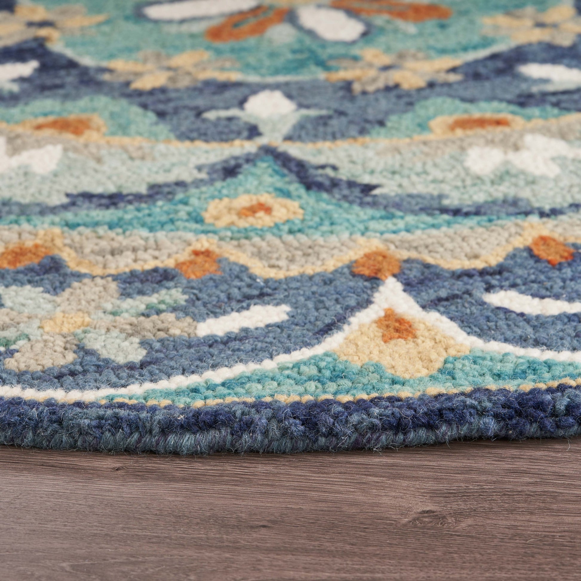 6' Blue And Green Round Wool Floral Hand Tufted Area Rug-Area Rugs-DECOROLALA