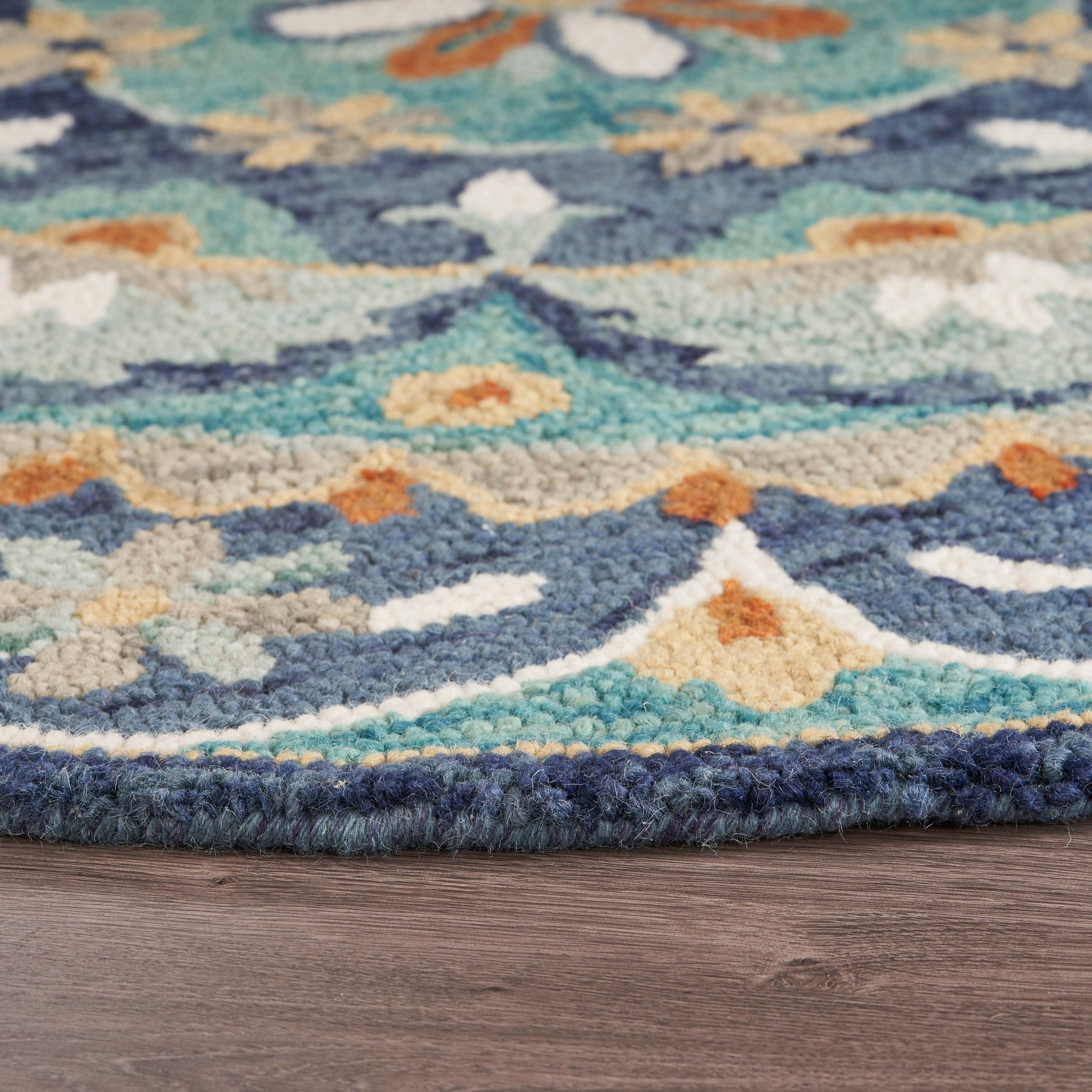 6' Blue And Green Round Wool Floral Hand Tufted Area Rug-Area Rugs-DECOROLALA